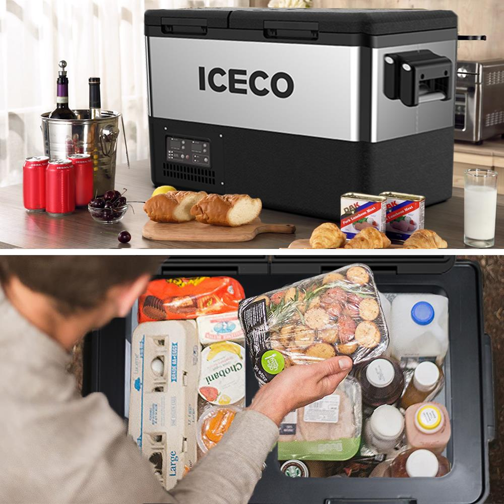 Yiyecekle dolu bir ICECO buzdolabı. Üst kısım: içecekler, ekmek ve kruvasanlar. Alt kısım: yumurta, yoğurt, et ve süt.
