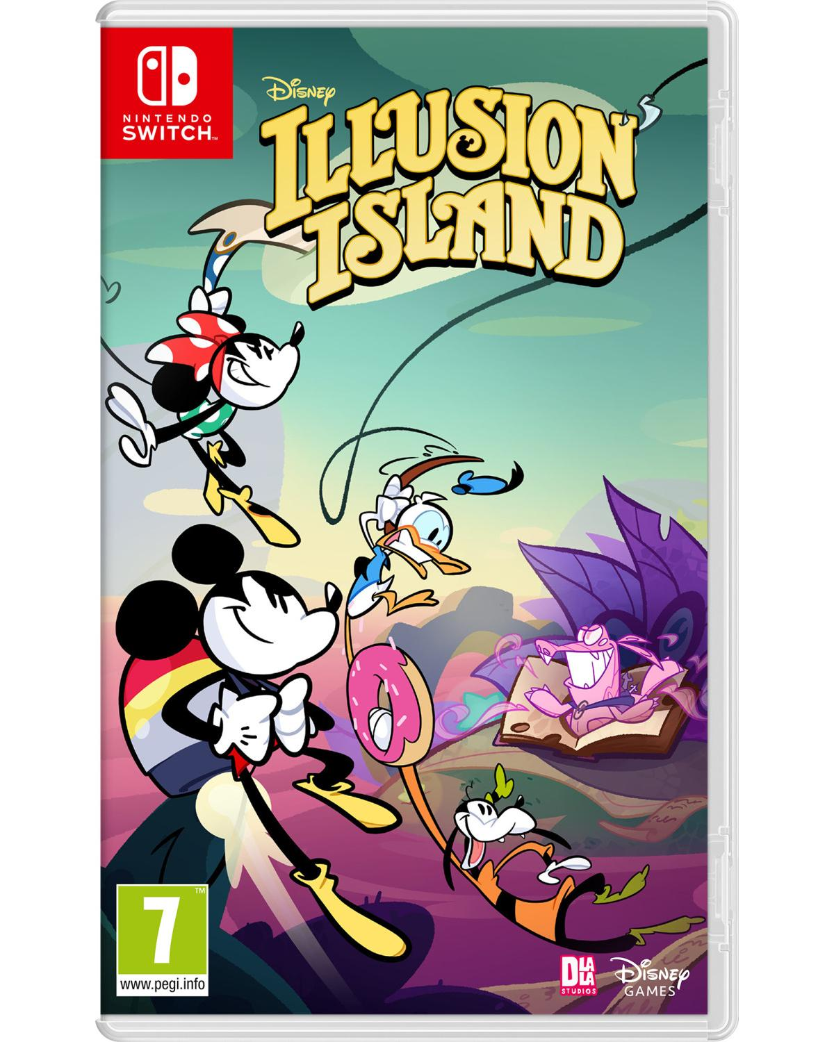 Copertina gioco Nintendo Switch con Mickey, Minnie, Donald e Pippo che volano in un mondo colorato.