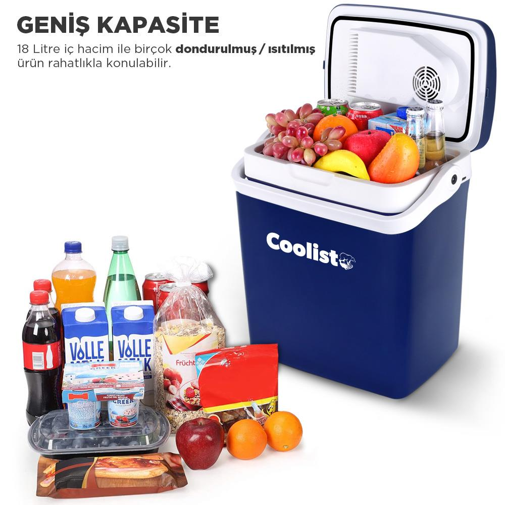 Açık kapaklı mavi Coolist buzluk, meyve ve içeceklerle dolu. Yanında şişeler ve yiyecekler bulunuyor.