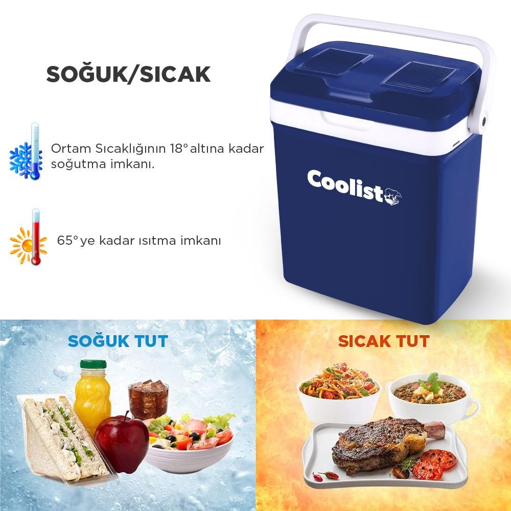 Soğuk/sıcak fonksiyonları anlatan mavi bir soğutucu. Solda soğuk yiyecekler, sağda sıcak yiyecekler.