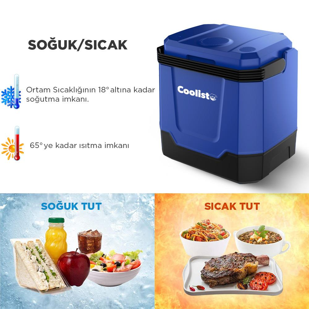 Sandviç, meyve suyu, elma, salata ve sıcak yemekli mavi soğutucu/ısıtıcı kutu.