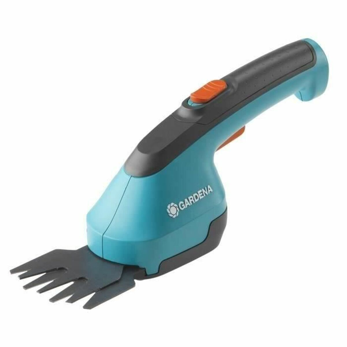 Ein türkisfarbener Gardena-Rasentrimmer mit schwarzem Griff und orangefarbenem Knopf.
