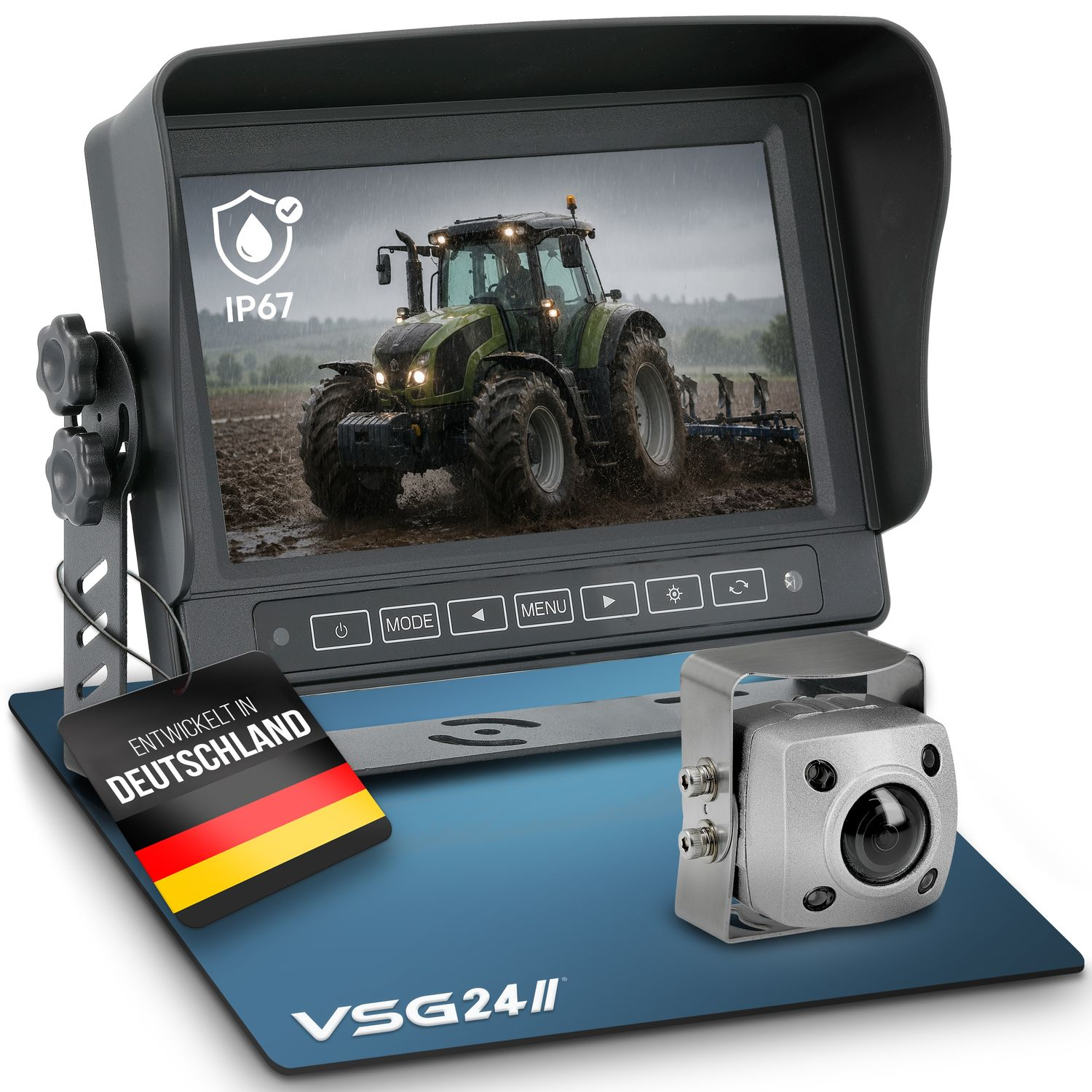 Monitor mit IP67-Bewertung zeigt grünen Traktor auf schlammigem Feld. Kamera & deutsches Etikett.