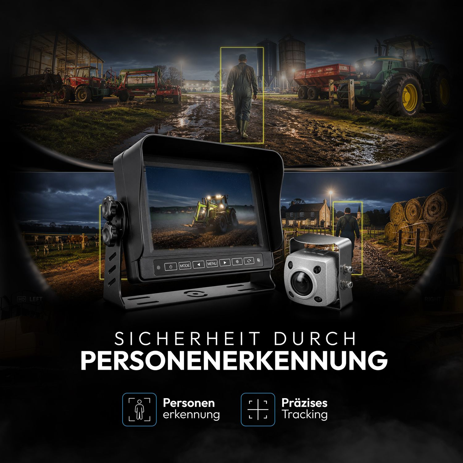 Überwachungskamera-System mit Monitor zeigt Traktoren, Gebäude und eine Person.