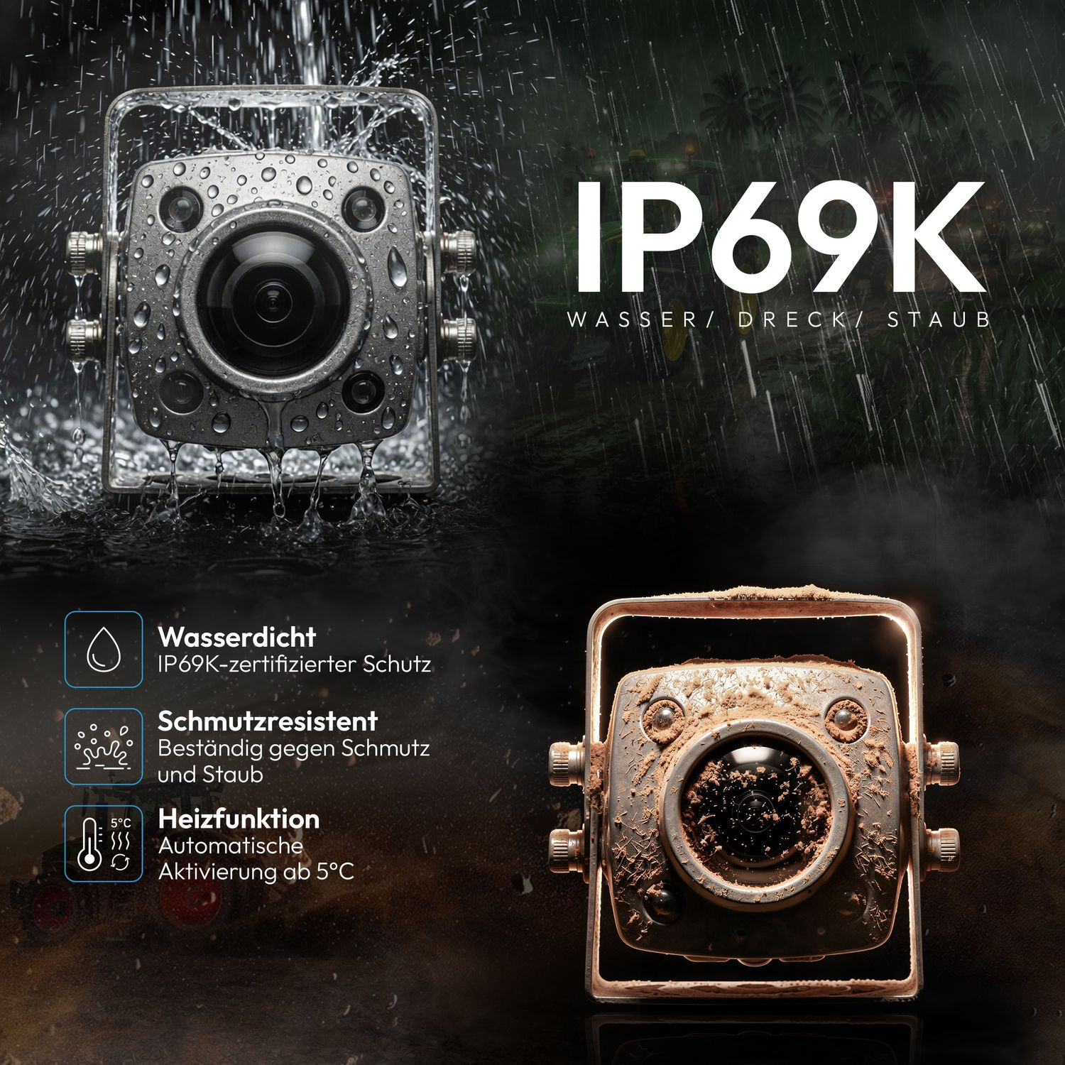 IP69K Kamera: Wasserdicht, schmutzresistent, mit Heizfunktion. Gezeigt in Wasser und Schmutz.