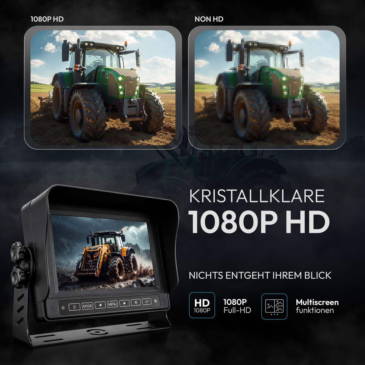 Vergleich von 1080p HD und Non-HD-Traktoren; Monitor zeigt Traktor im Schlamm.