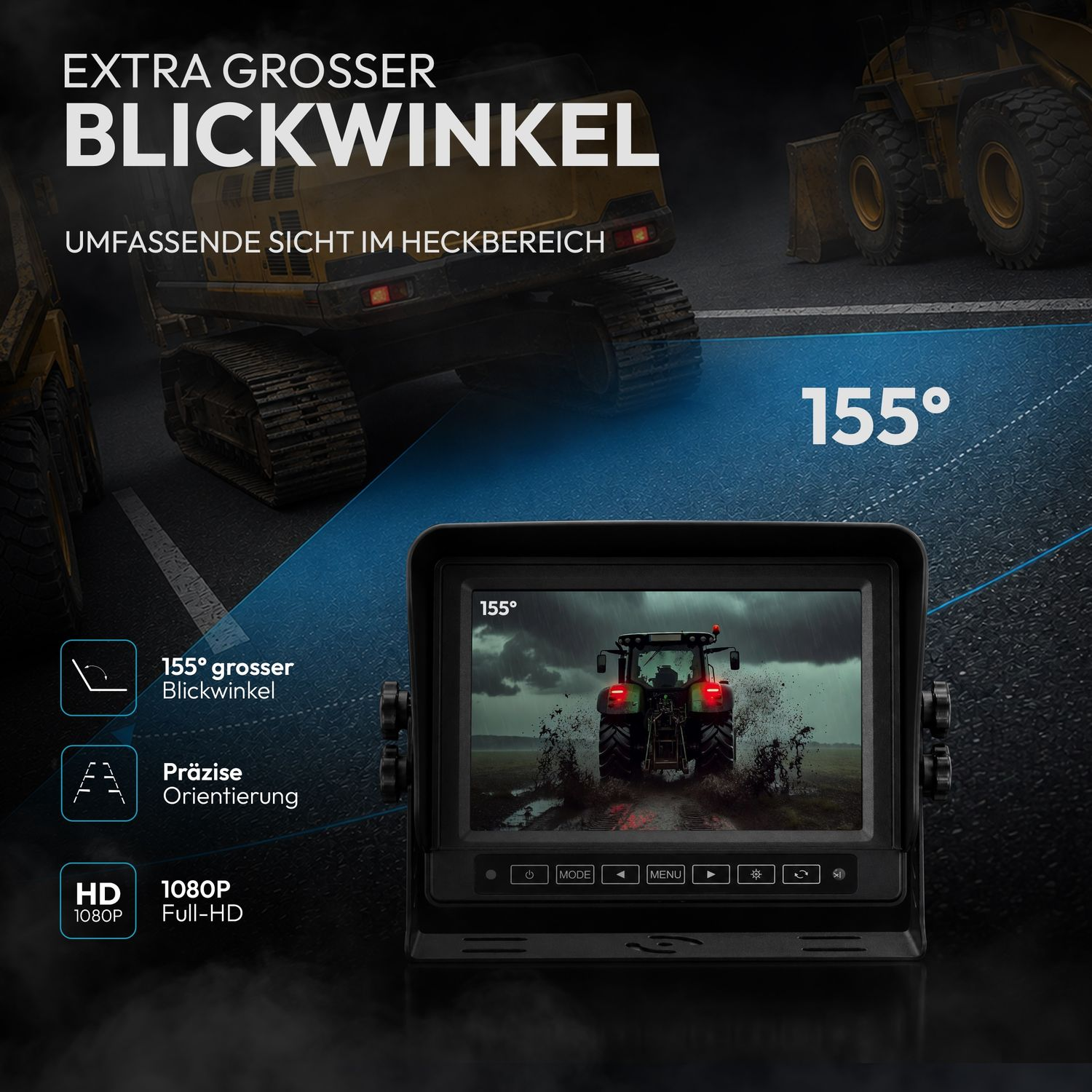 Ein Monitor zeigt eine Rückfahrkameraansicht eines Traktors, der bei Regen fährt.