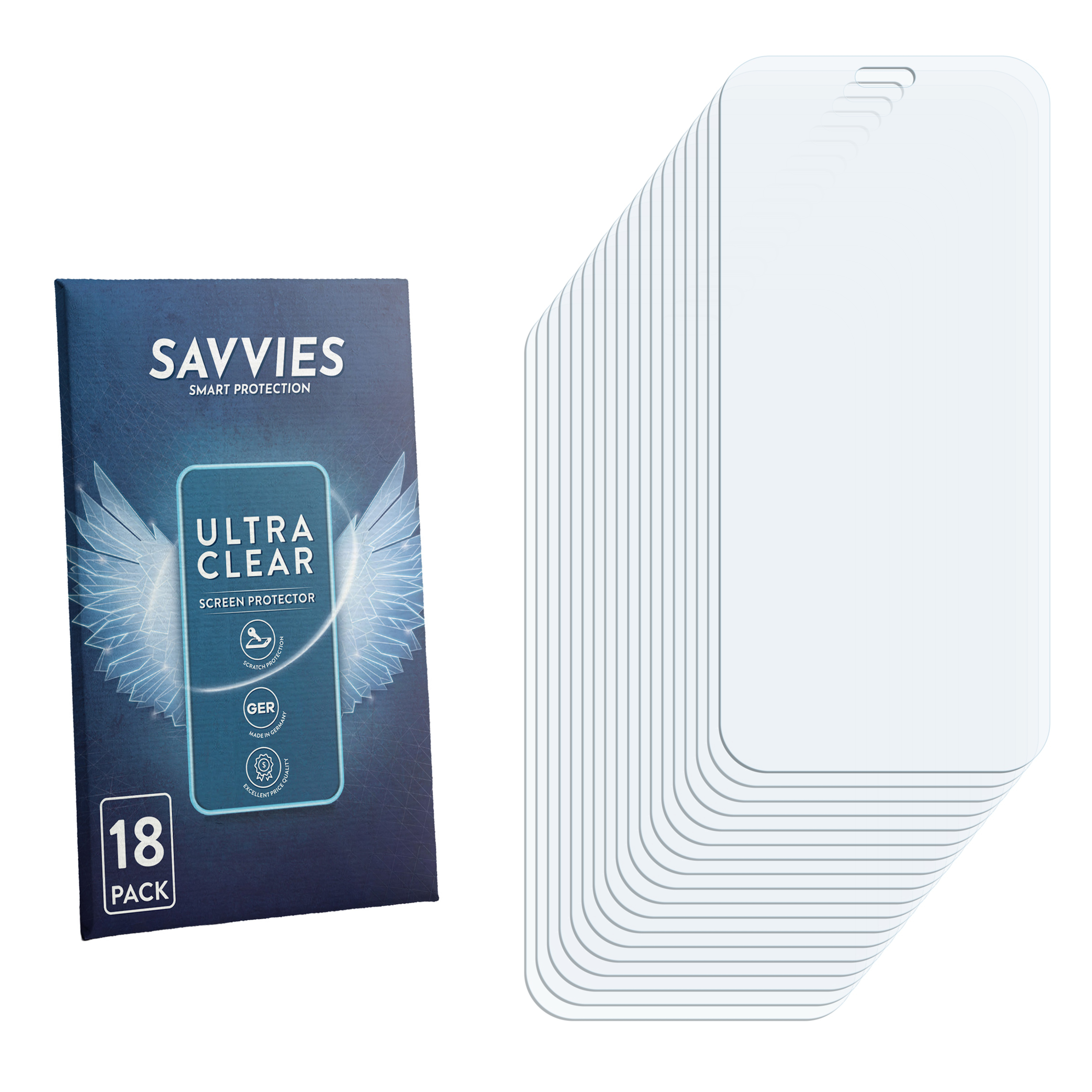 Ein 18er Pack Savvies Ultra Clear Displayschutzfolien.