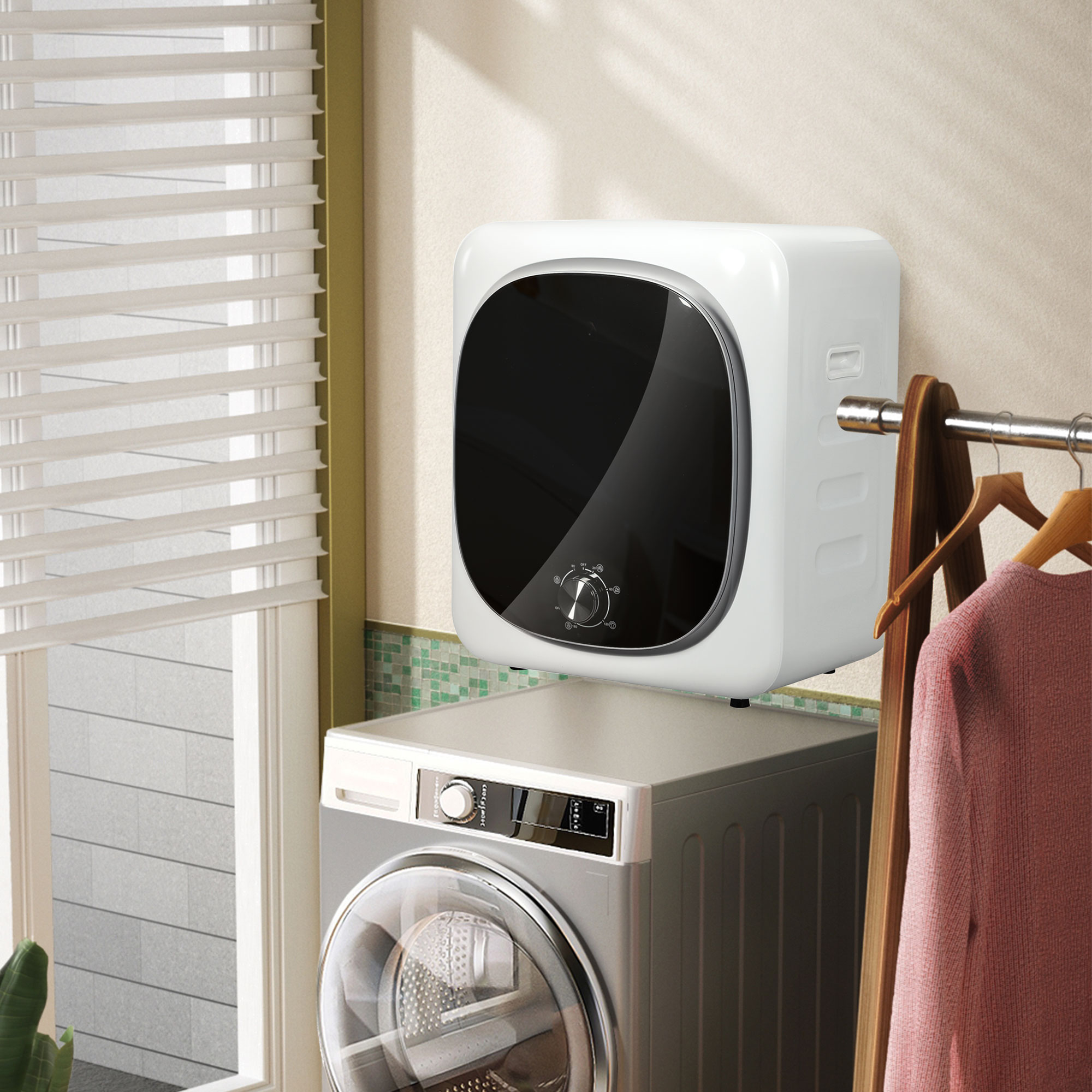 Un secador blanco pequeño sobre una lavadora gris, con un tendedero al lado.