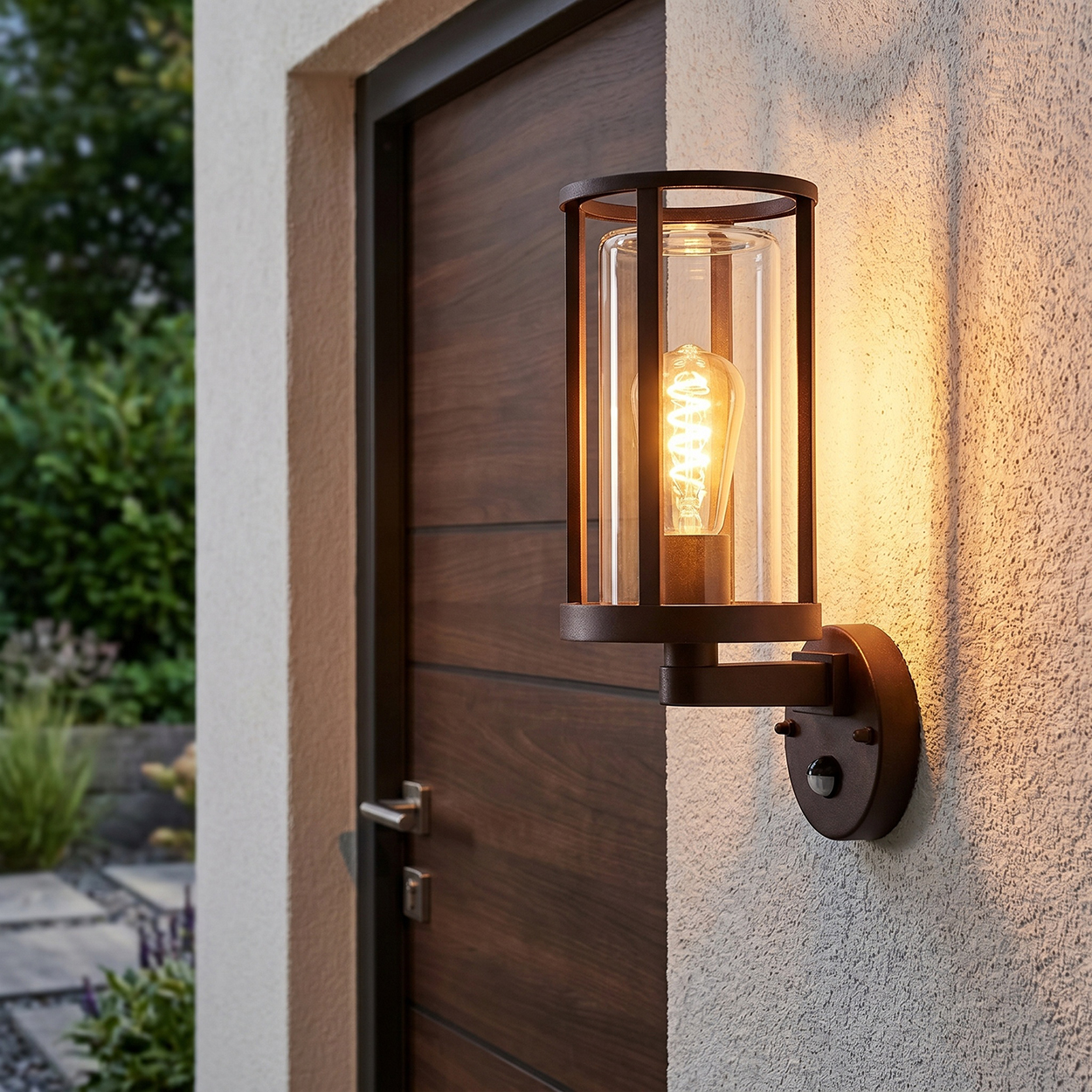 Dunkelbraune Außenwandleuchte mit Glaszylinder und Glühbirne vor Holztür.