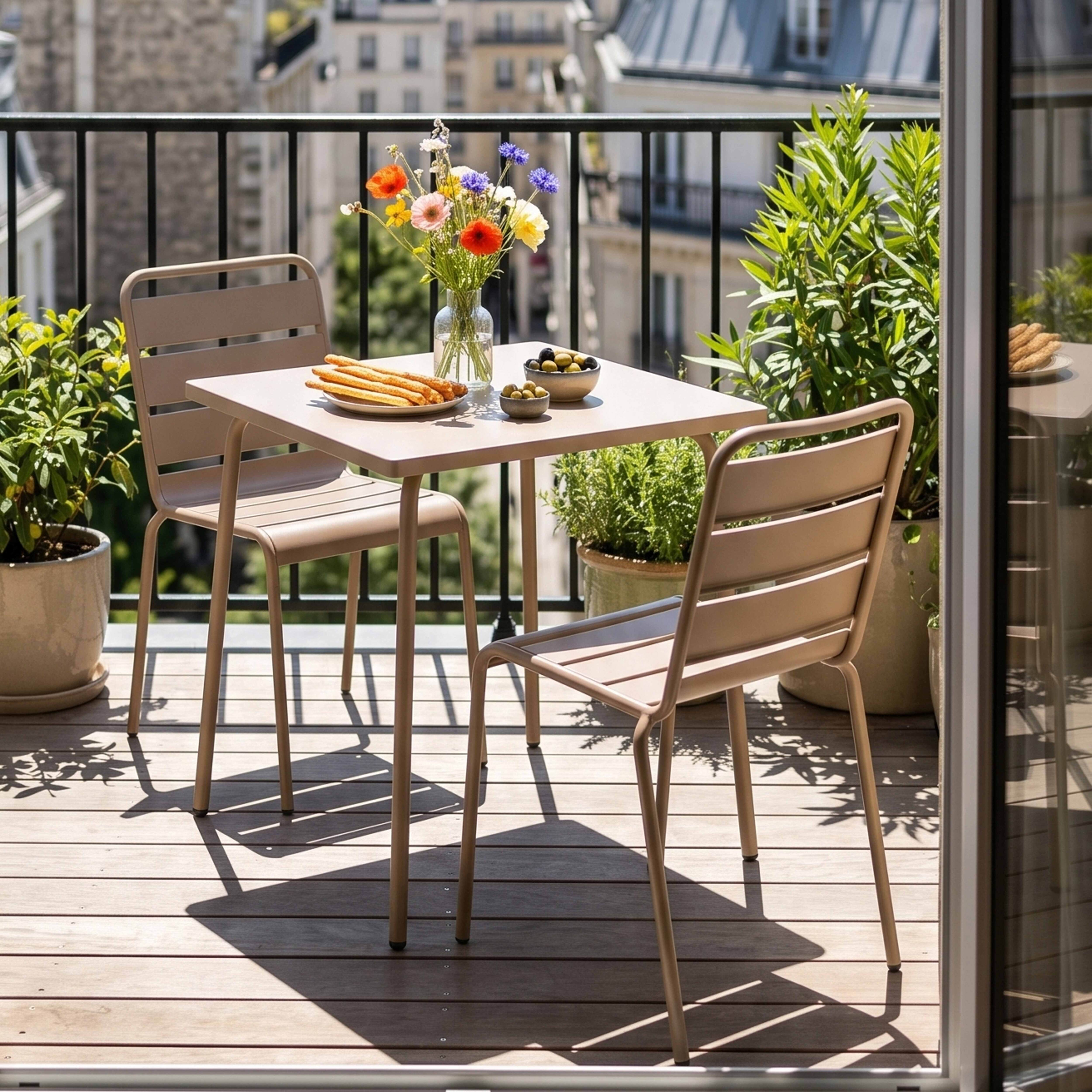 Ein Tisch mit zwei Stühlen auf einem Balkon mit Blumen und Oliven.