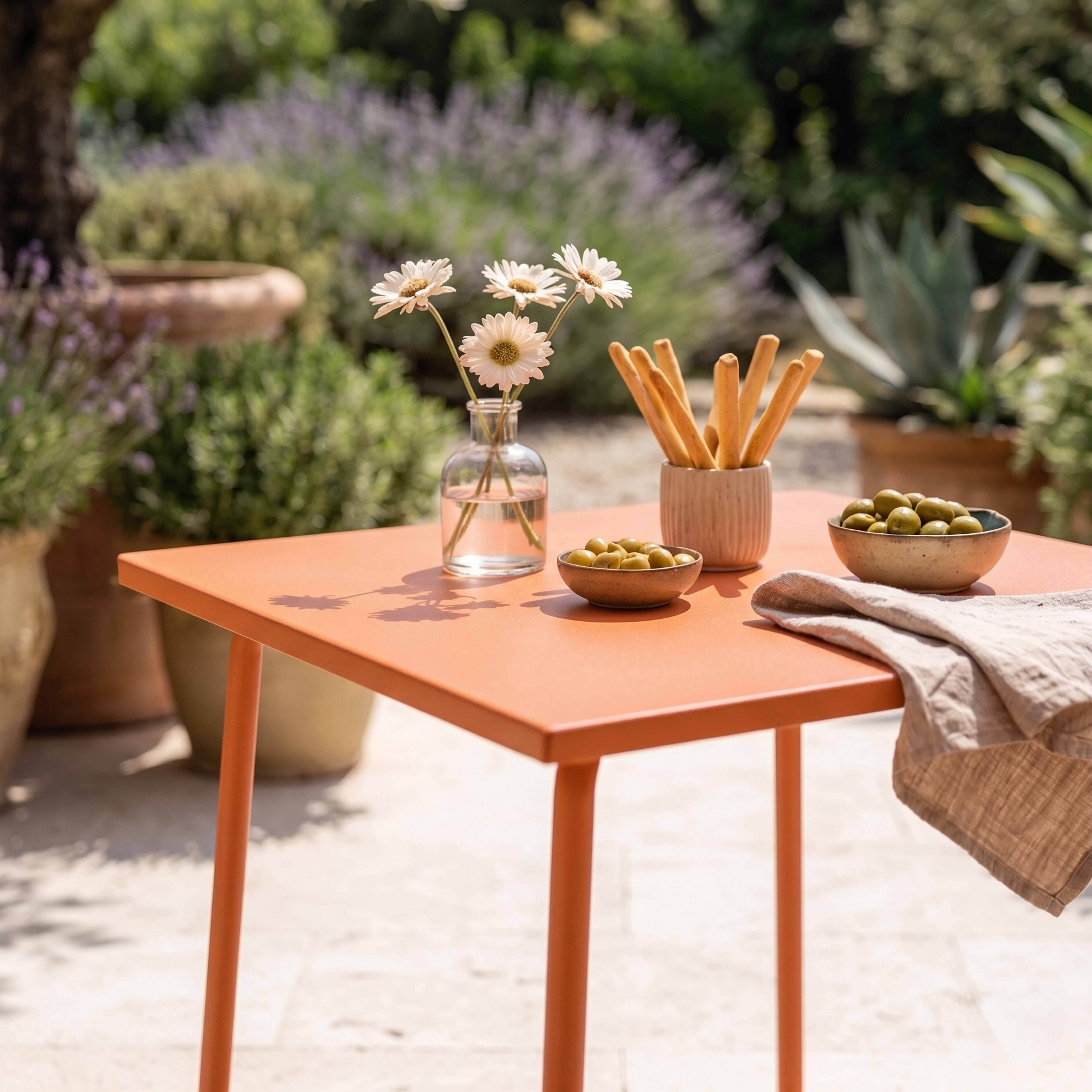 Ein orangefarbener Tisch mit Blumen, Brotstangen und Oliven im Freien.
