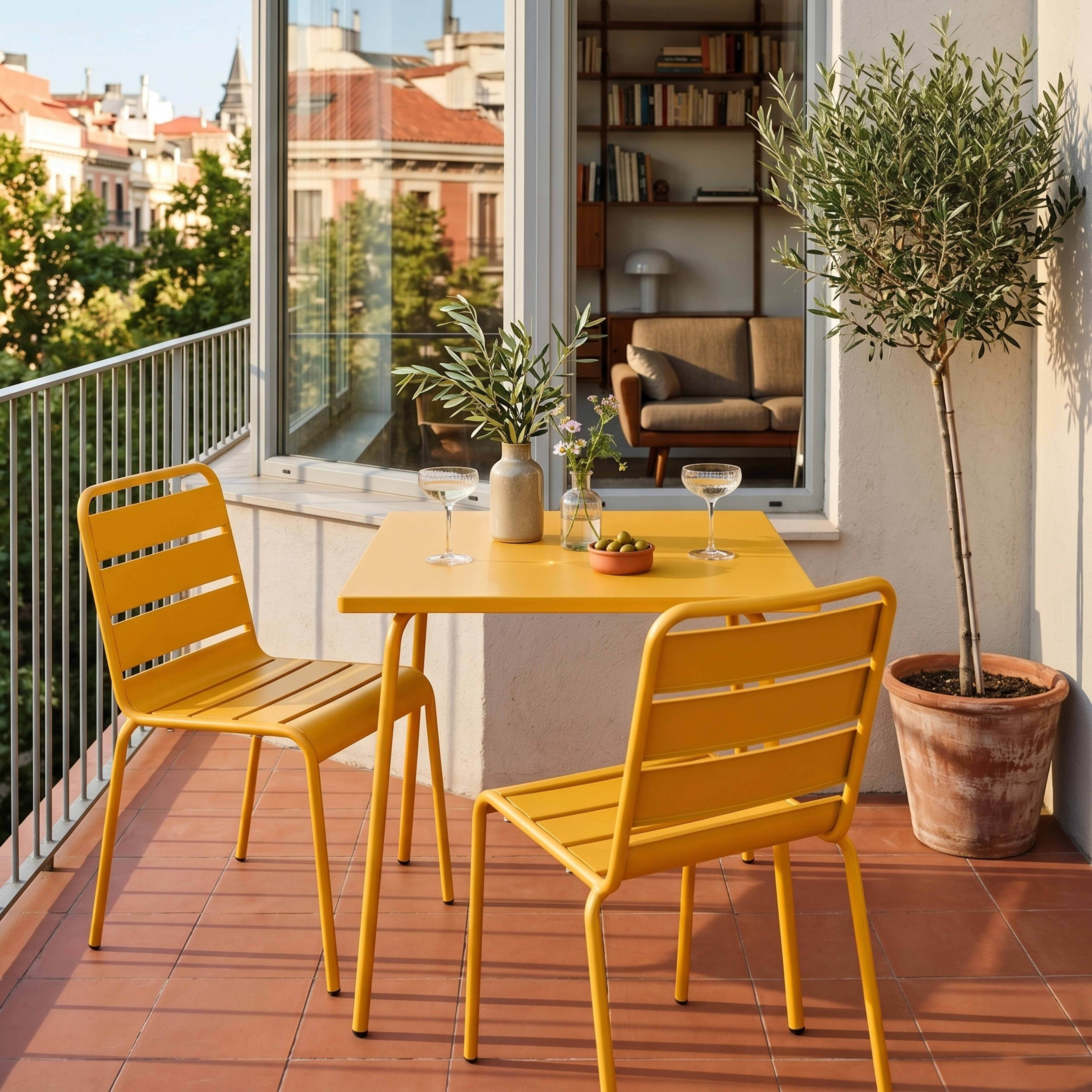 Gelber Tisch und Stühle auf einem Balkon mit Blick auf Gebäude und Bäume.