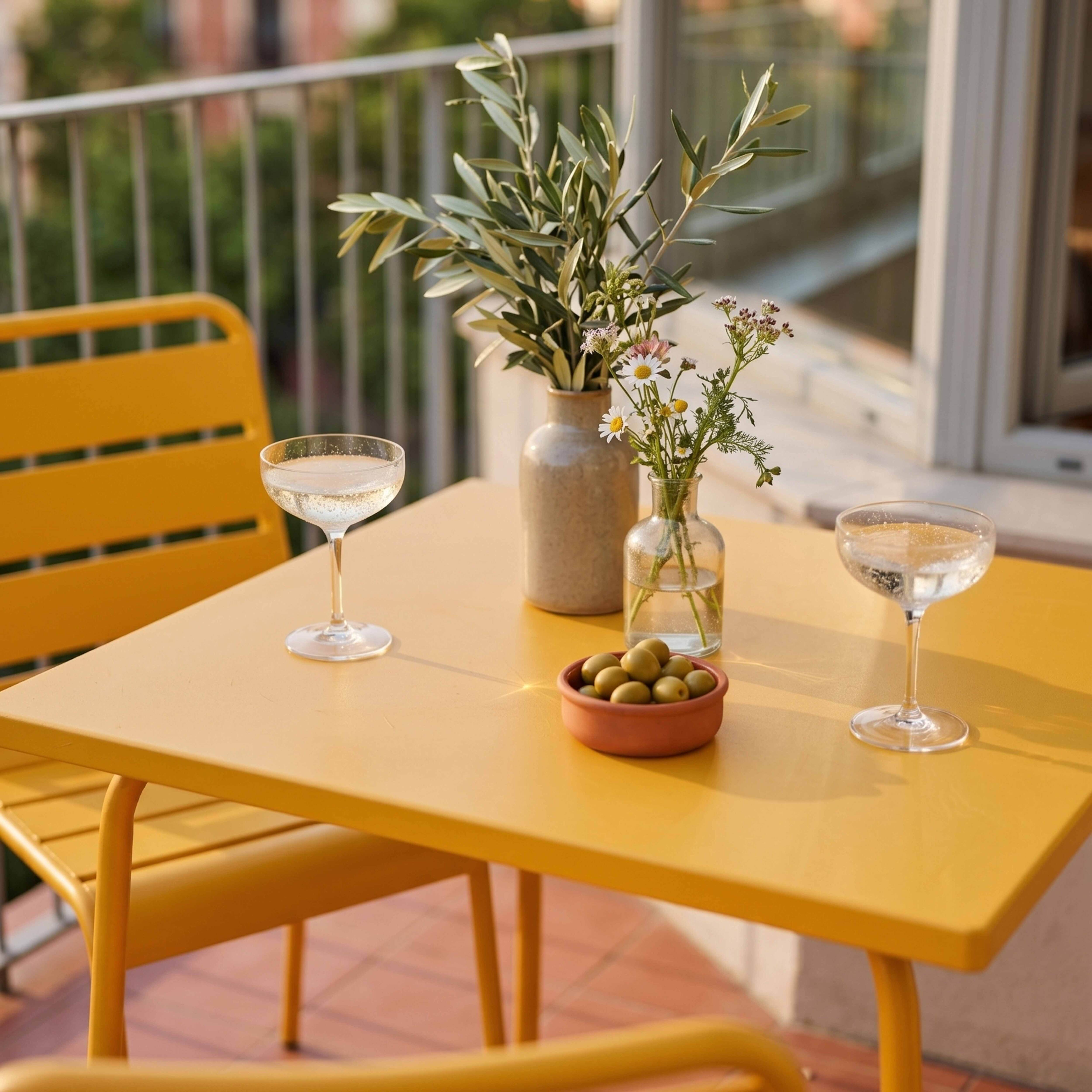 Gelber Tisch mit Gläsern, Oliven und Blumen auf einem Balkon.
