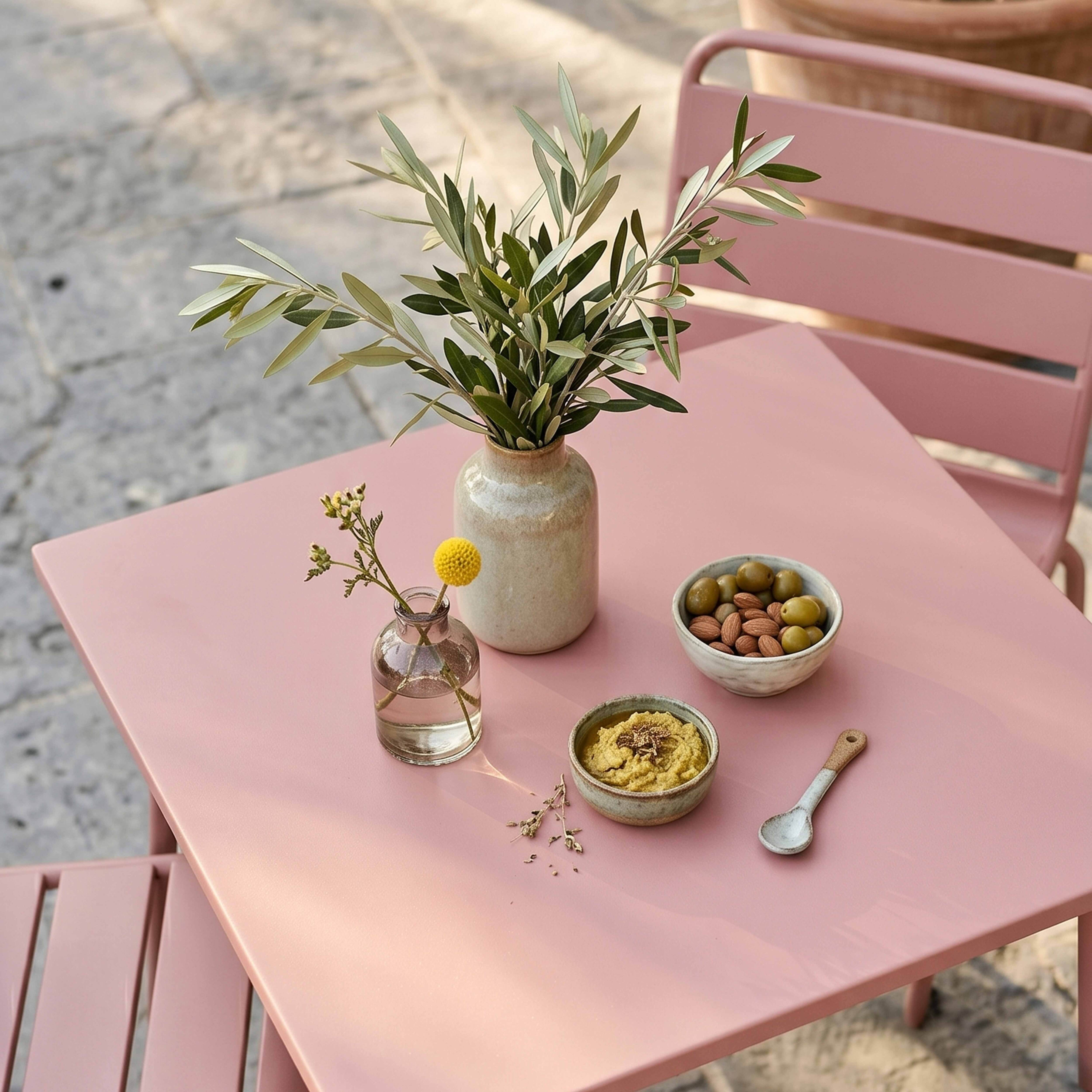 Ein rosafarbener Tisch mit Oliven, Hummus, einer einzelnen Blume und einem Olivenzweig.