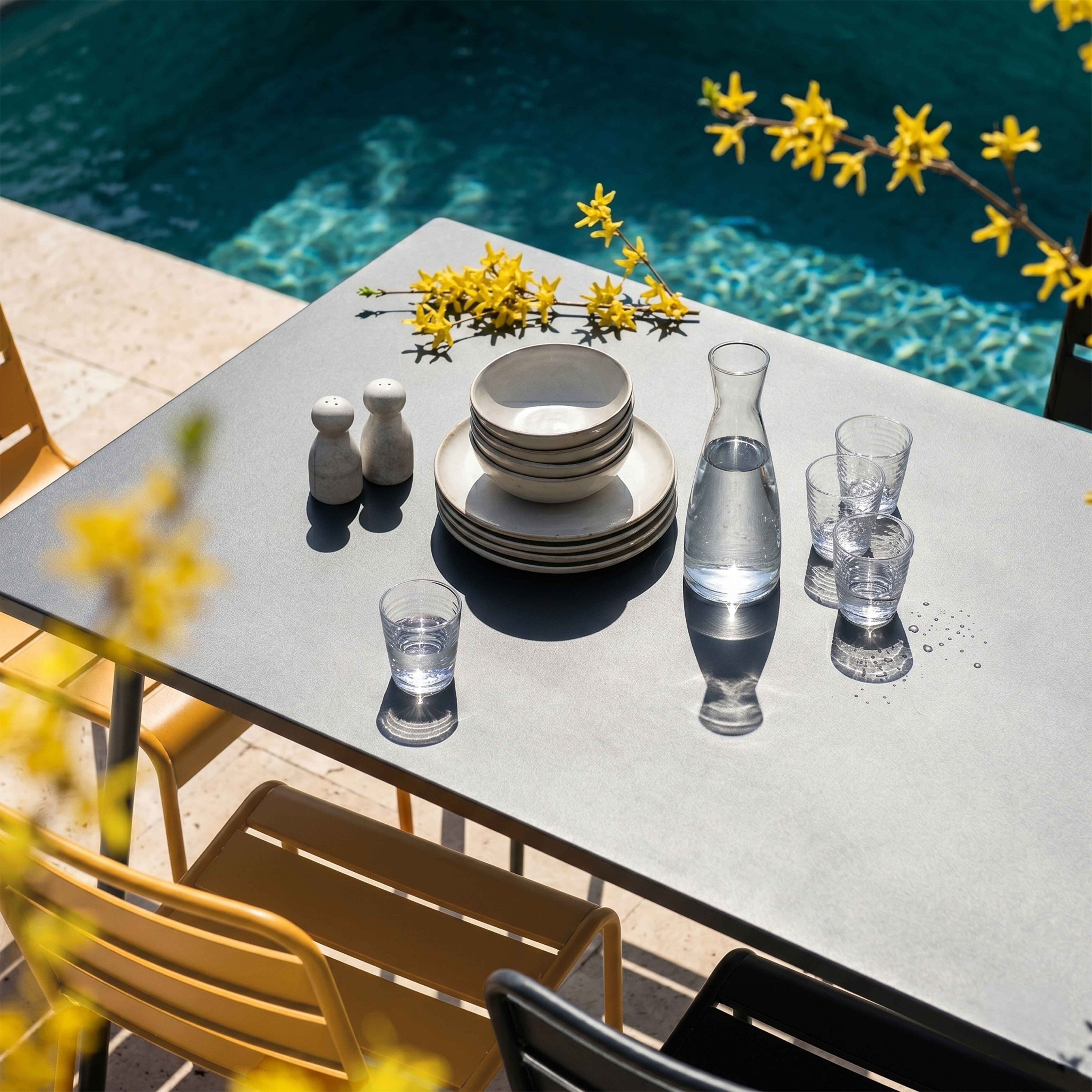Ein Tisch mit Geschirr und Gläsern am Pool, gelbe Blumen im Vordergrund.