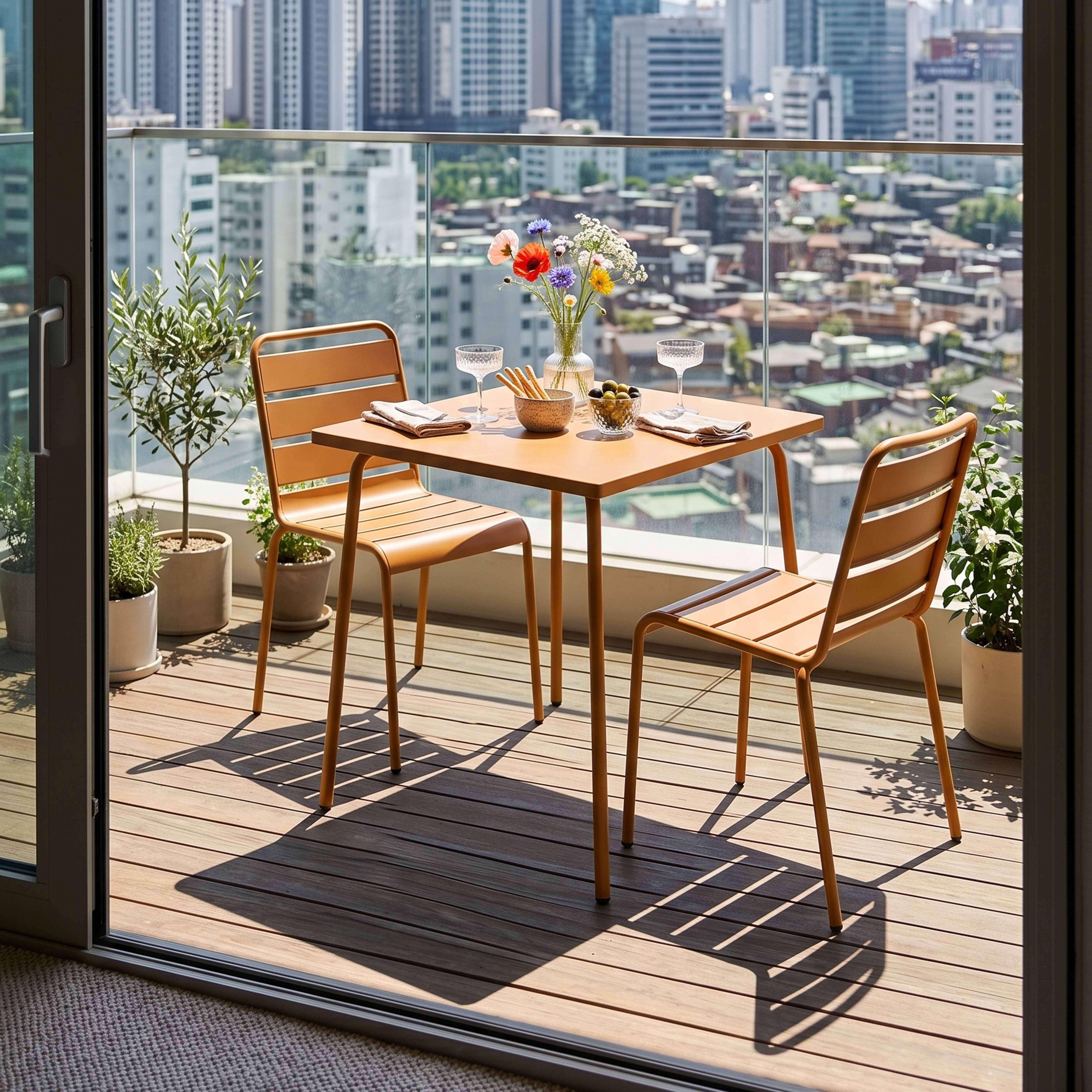 Ein orangefarbener Tisch und zwei Stühle auf einem Holzbalkon mit Stadtblick.