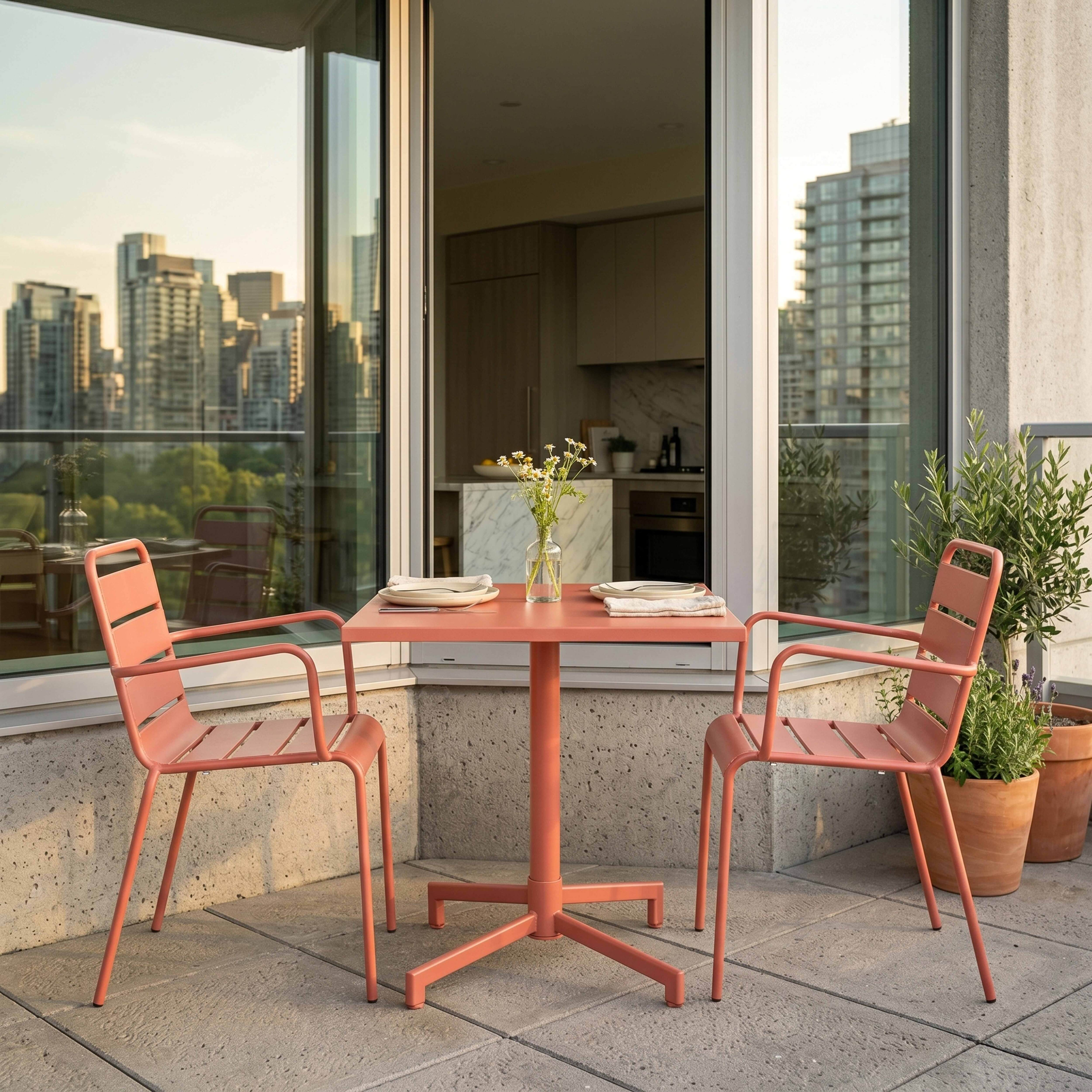 Korallfarbener Außentisch und Stühle auf einem Balkon mit Skyline-Blick.