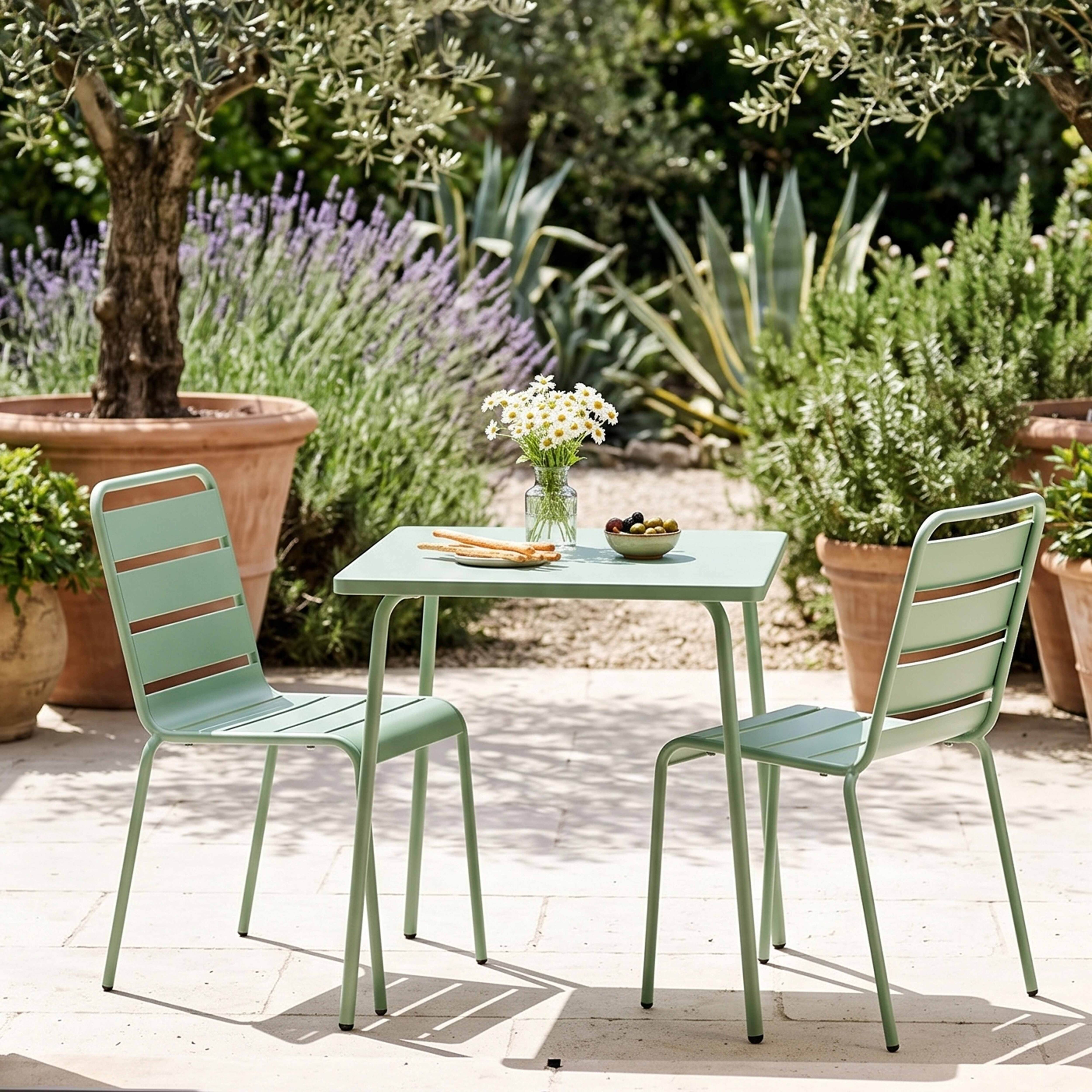 Ein grüner Gartentisch mit zwei Stühlen, Blumen und Oliven.