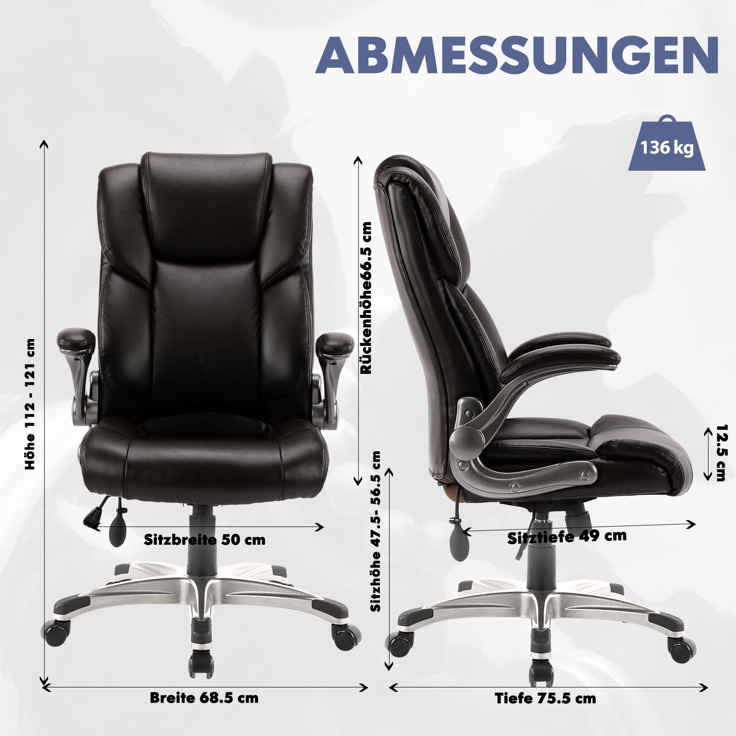 Schwarzer Bürostuhl mit Maßen: H 112-121cm, R 66.5cm, S 47.5-56.5cm, B 68.5cm, T 75.5cm, Sitz B 50cm, T 49cm.