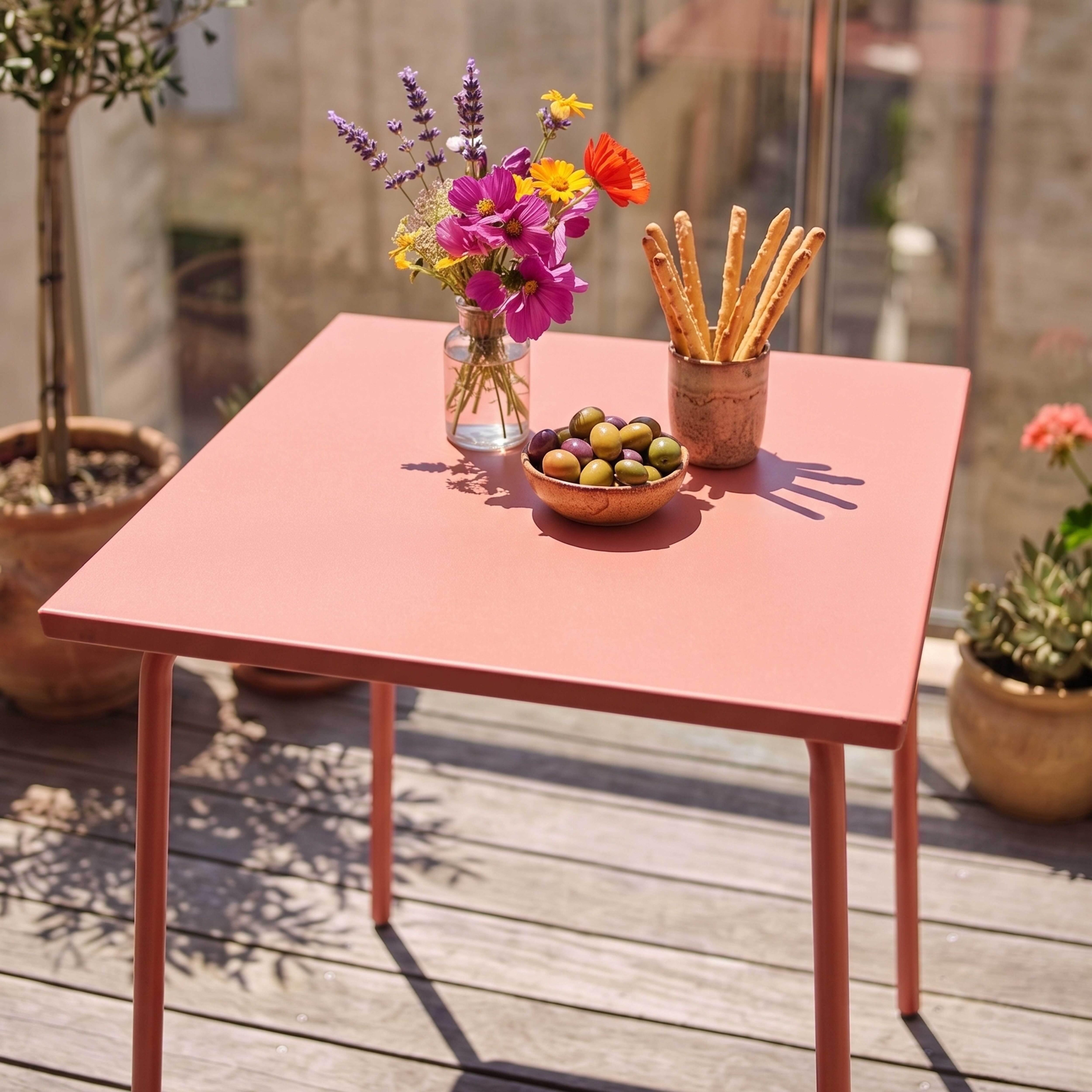 Ein rosafarbener Tisch mit Blumen, Oliven und Grissini im Freien.