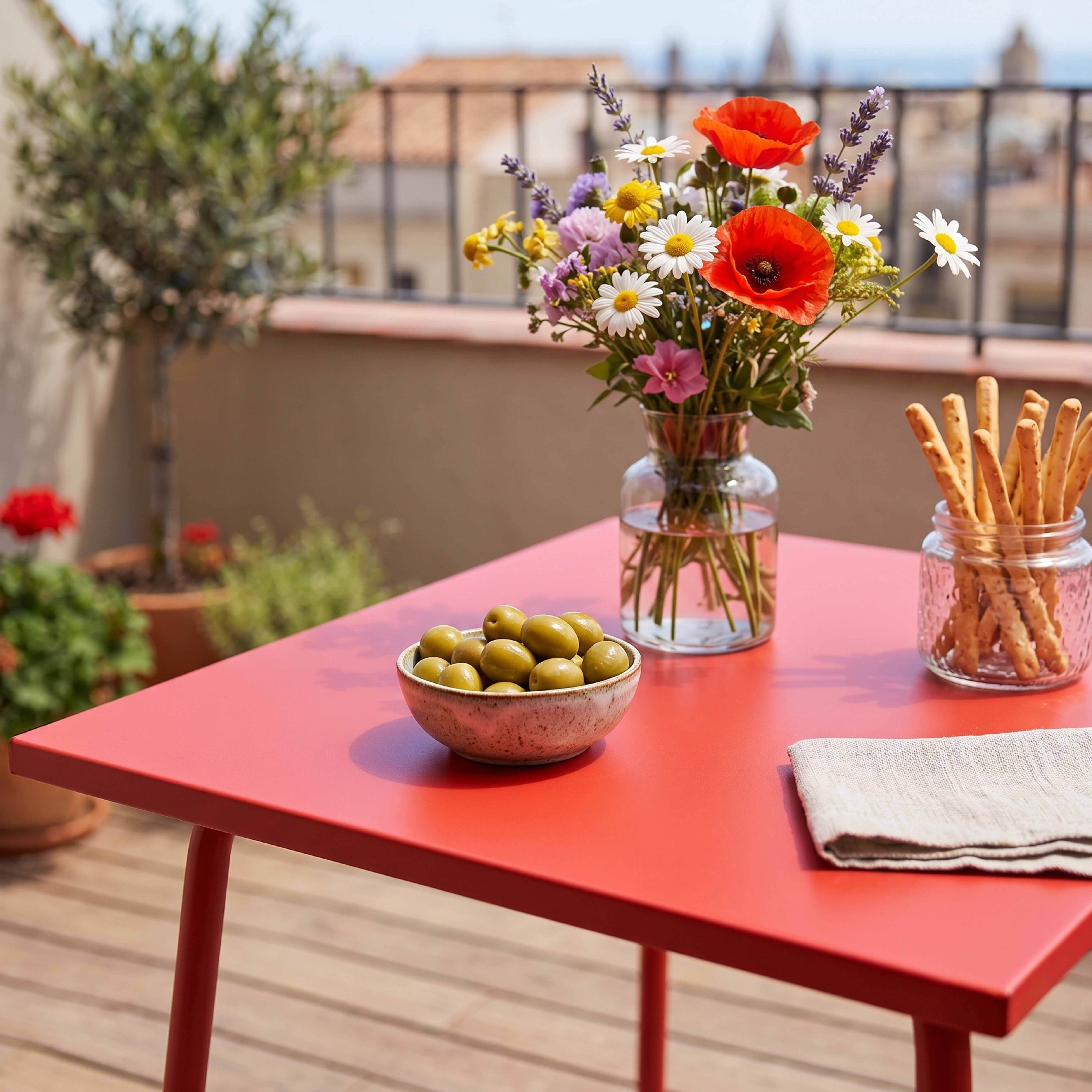 Ein roter Tisch mit Blumenstrauß, Oliven und Grissini auf einer Terrasse.
