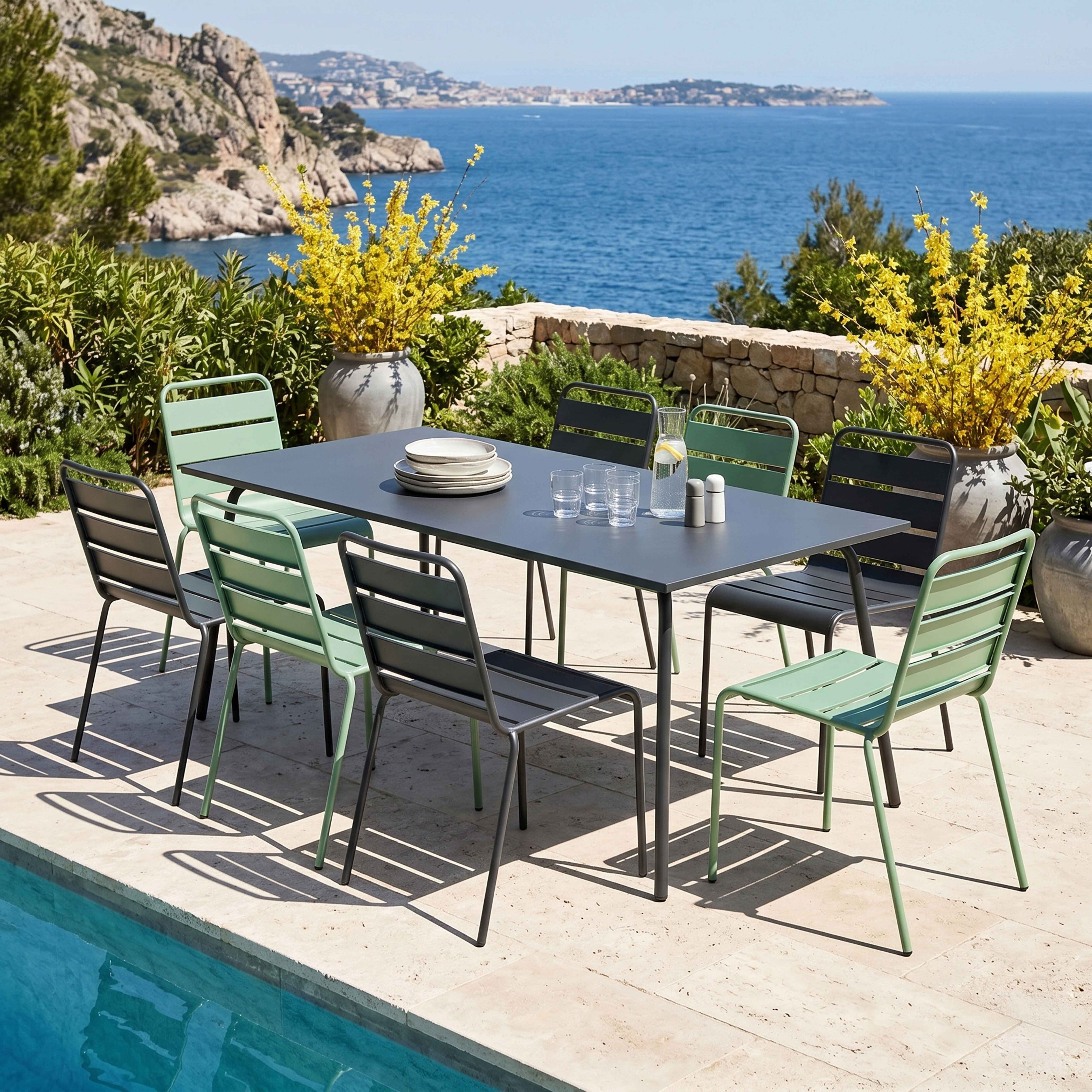 Ein grauer Tisch mit grünen und schwarzen Stühlen am Pool mit Meerblick.