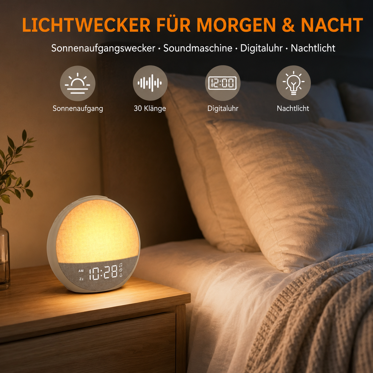Ein runder, leuchtender Wecker steht auf einem Nachttisch neben einem Bett.