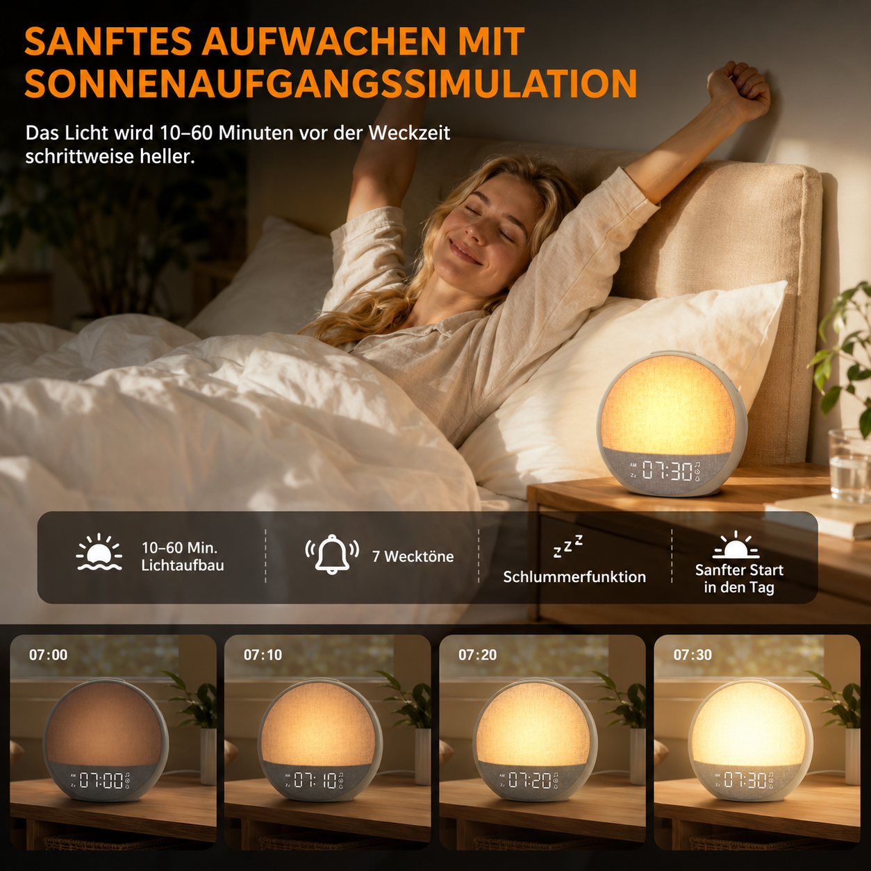 Eine Frau streckt sich im Bett, während eine Nachttischlampe langsam heller wird.
