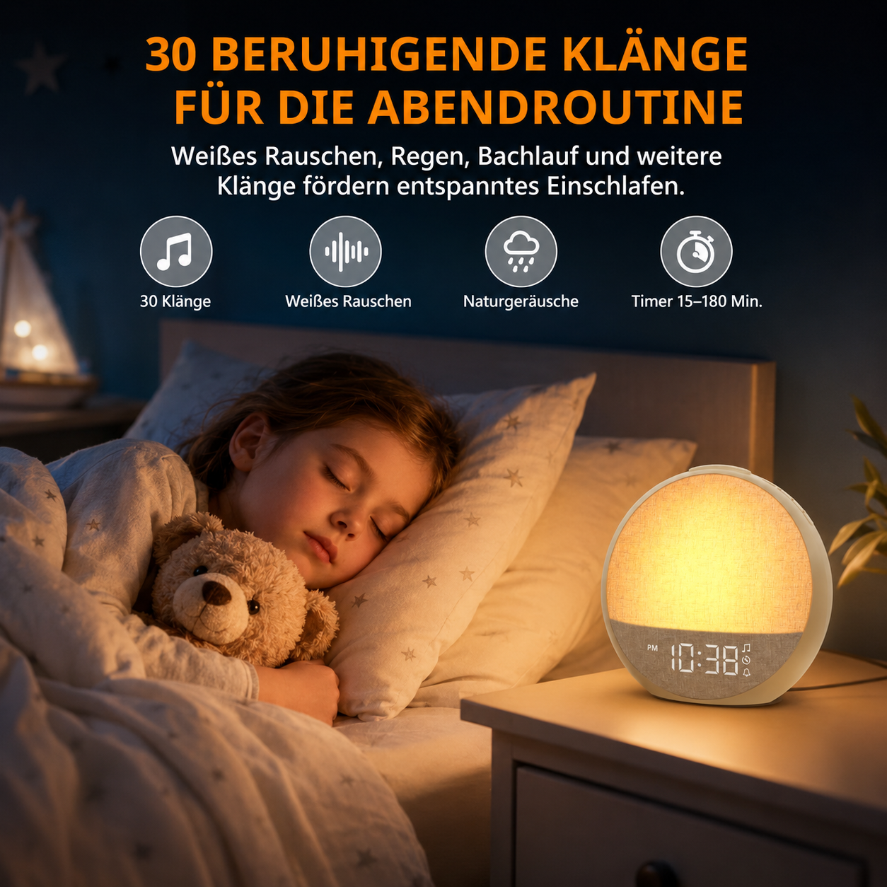 Ein Kind schläft mit Teddybär, ein Lichtwecker zeigt 10:38.