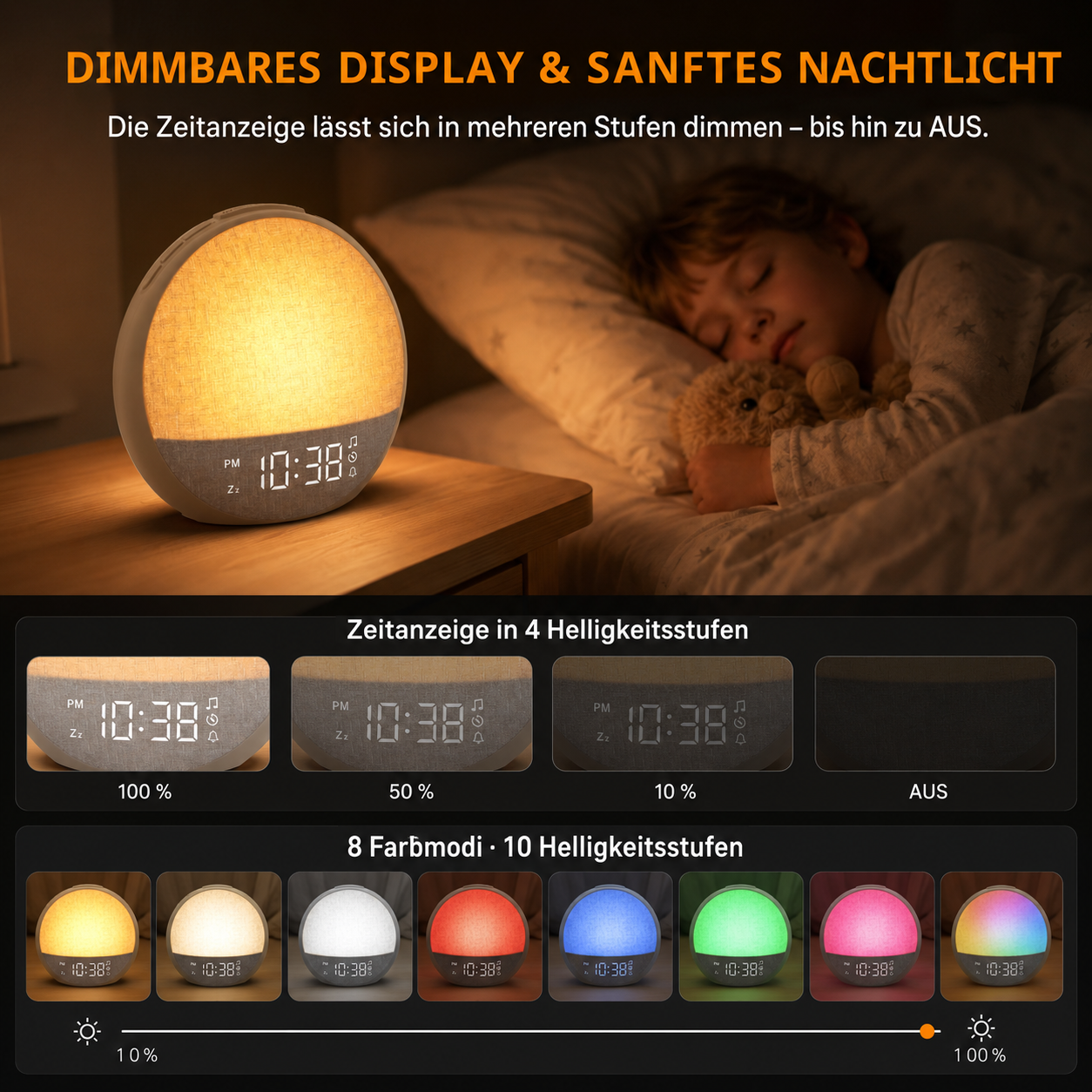 Ein Nachttischlampe mit Digitalanzeige zeigt 10:38. Es zeigt Dimm- und Farboptionen.