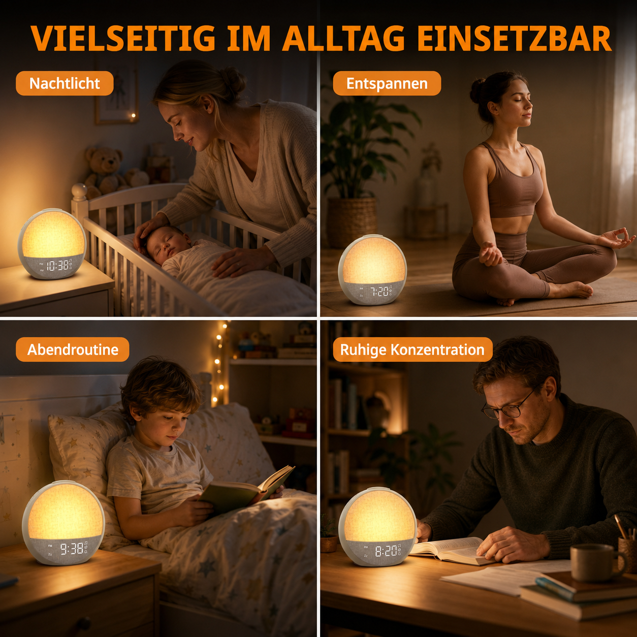 Vier Szenen: Mutter mit Baby, Frau beim Yoga, Kind beim Lesen, Mann bei Arbeit.