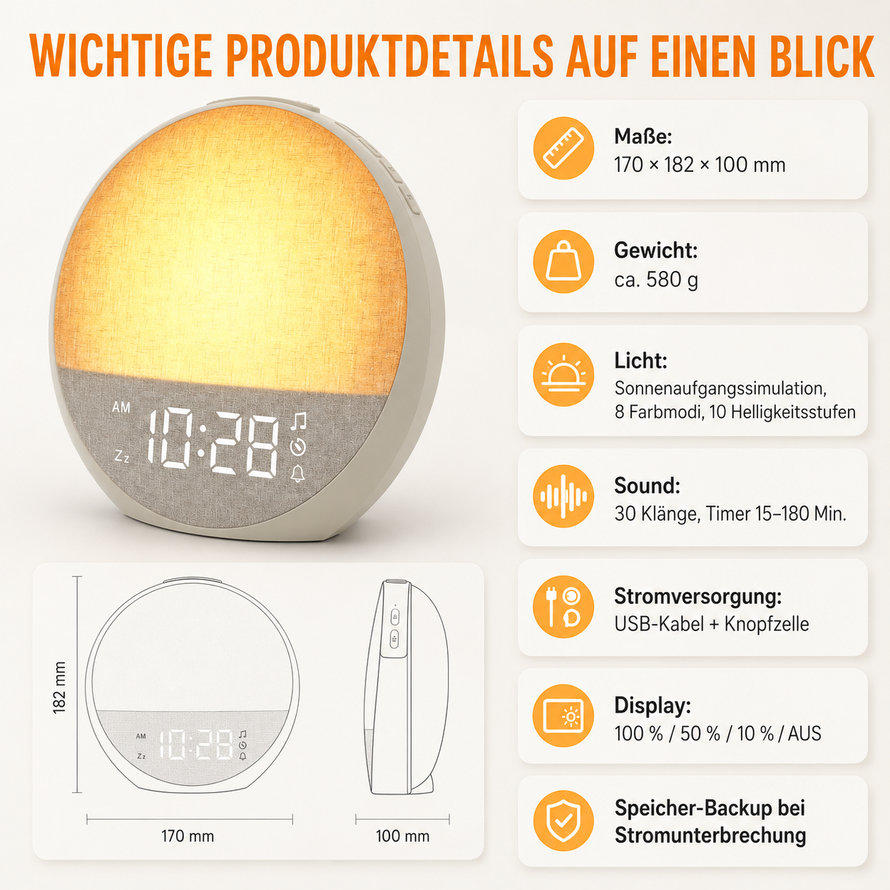 Ein digitaler Wecker mit simuliertem Sonnenaufgang, Maße 170x182x100mm, 580g.
