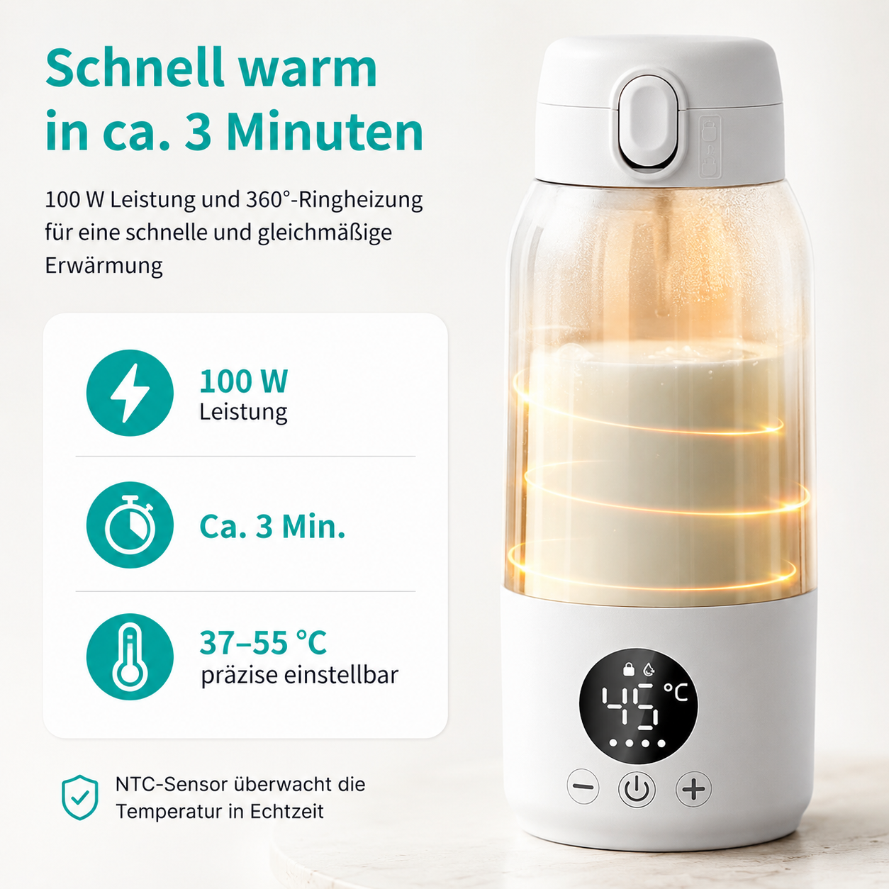Ein tragbarer Wassererhitzer mit digitaler Temperaturanzeige, 100W Leistung.