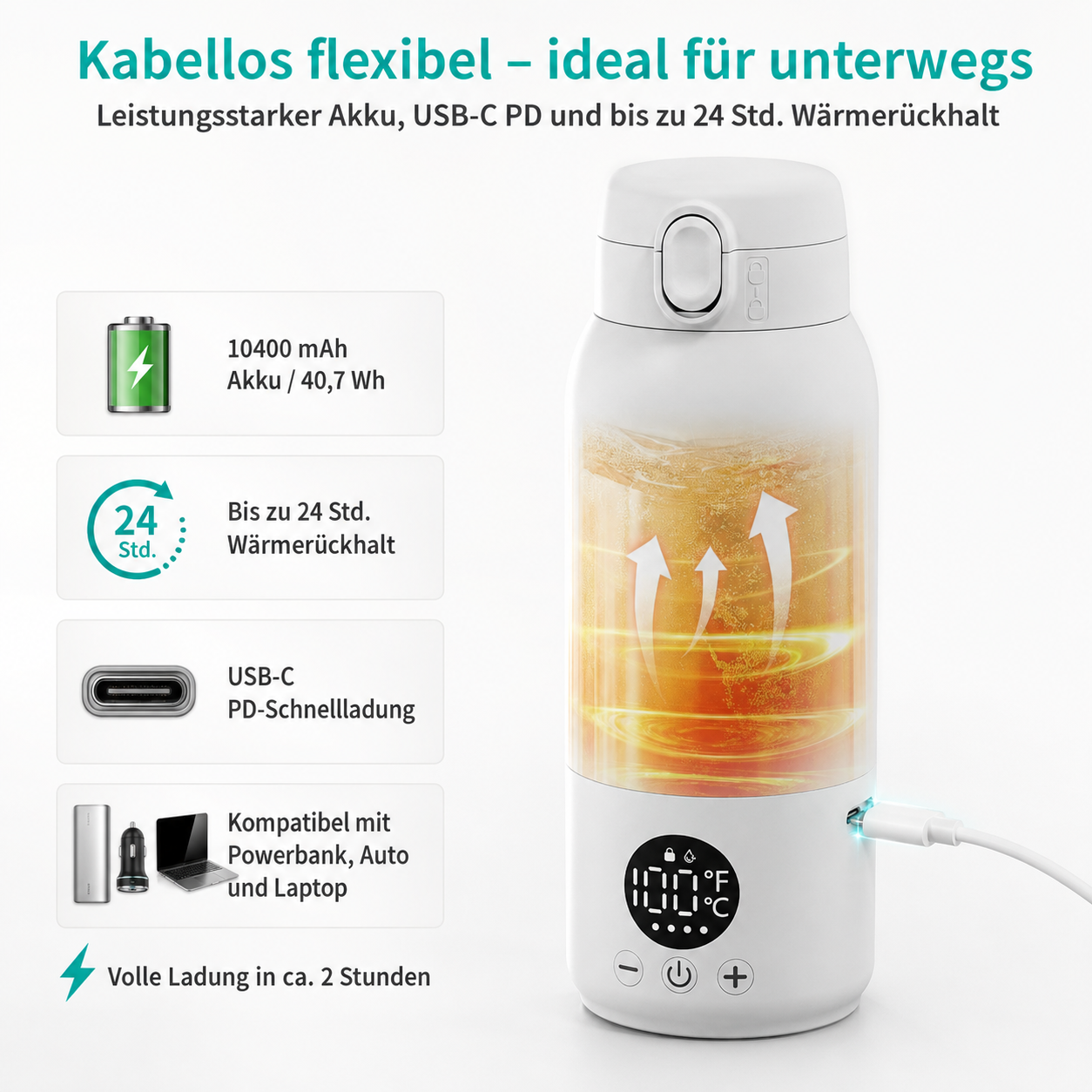 Ein weißer Thermobecher mit digitaler Anzeige und USB-C-Anschluss, der geladen wird.