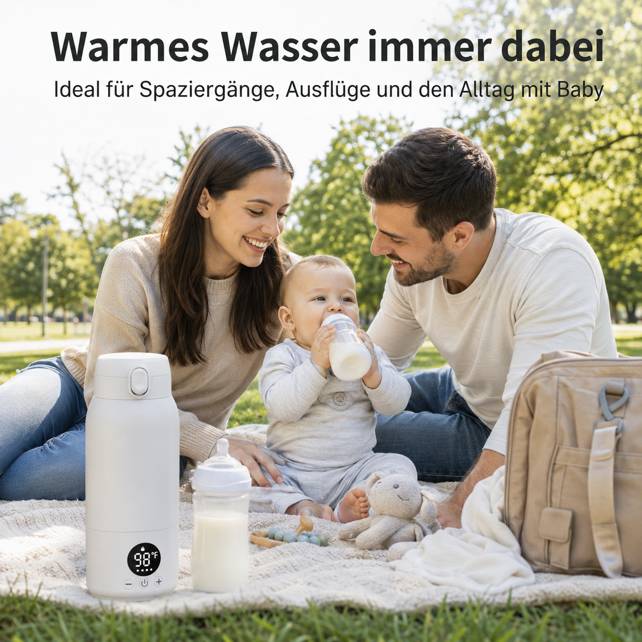 Familie mit Baby im Park, weißer Thermoskanne und Milchflasche.