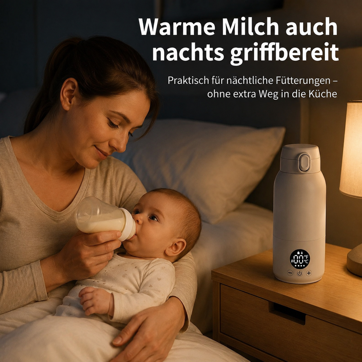 Eine Frau füttert Baby nachts mit Fläschchen. Ein Milchwärmer steht daneben.