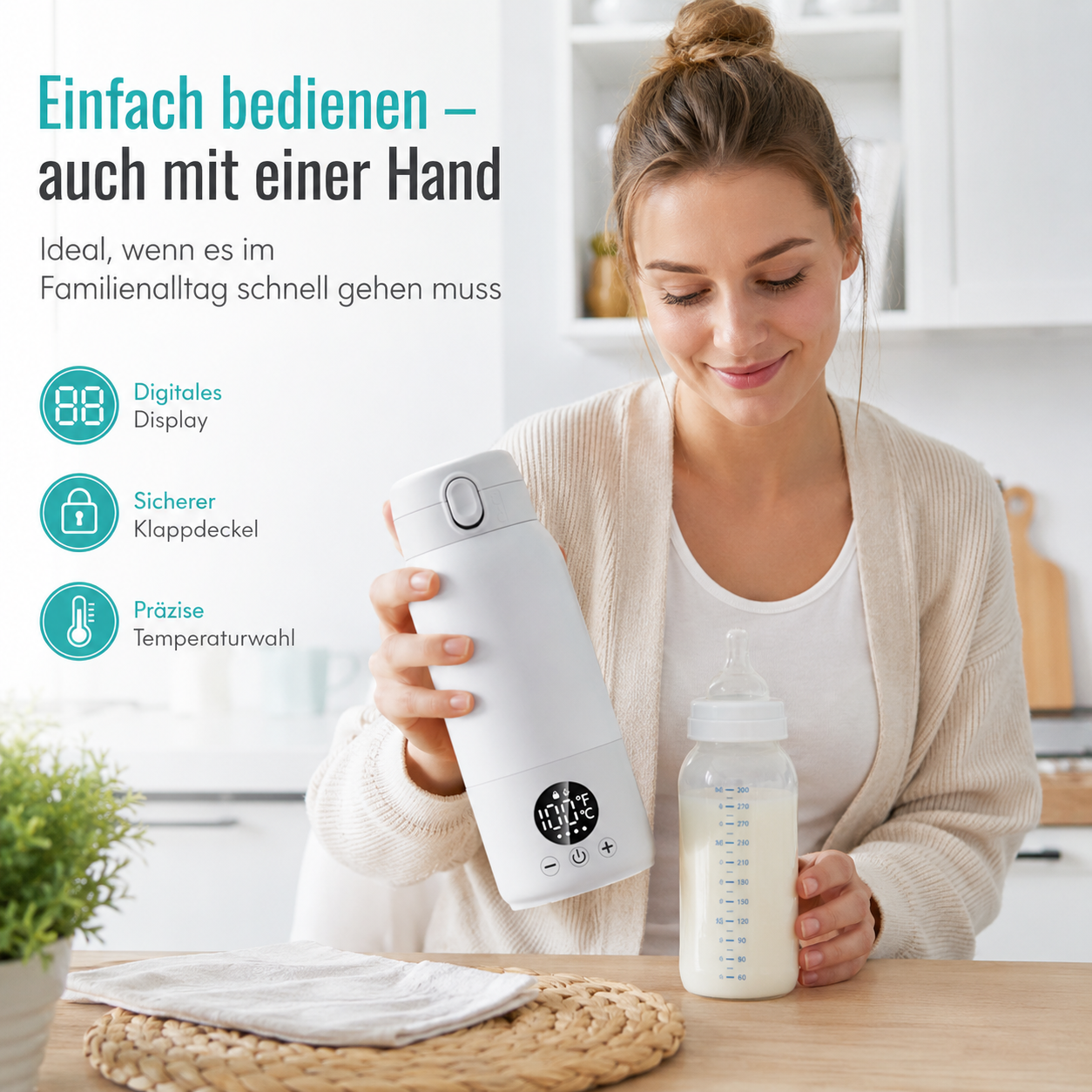 Frau hält Thermoskanne mit Display und Babyflasche mit Milch.