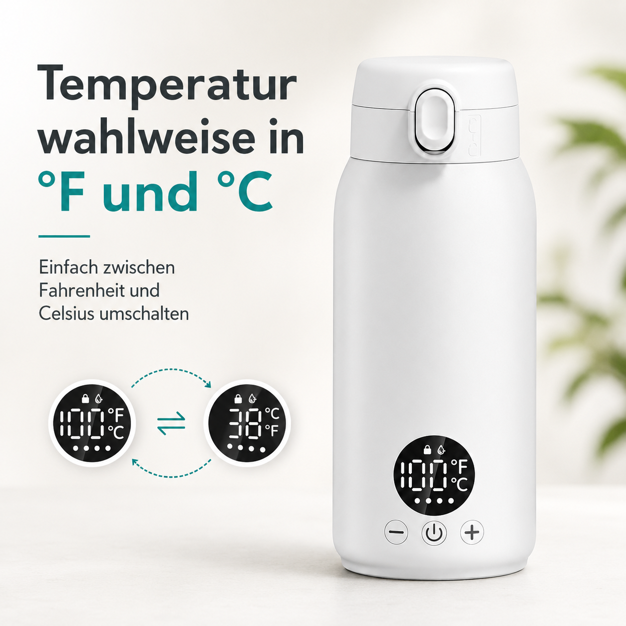 Weiße Thermoskanne mit digitaler Anzeige für Temperaturumschaltung zwischen °F und °C.