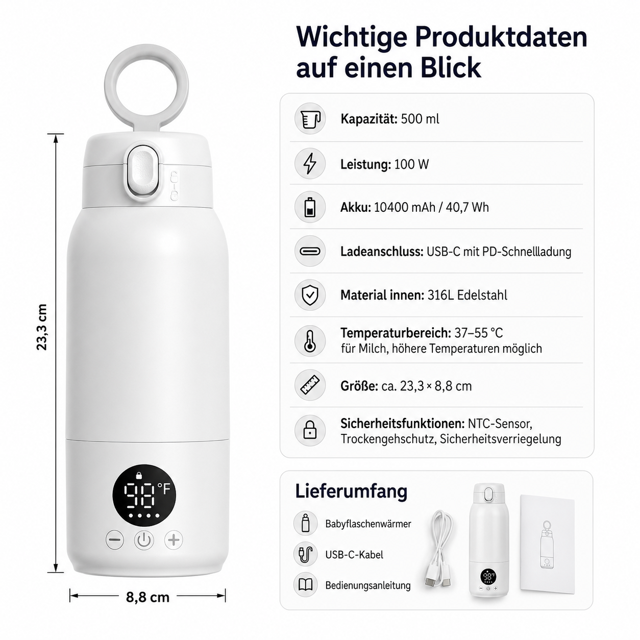 Weißer Babyflaschenwärmer, 23,3x8,8cm, mit Display, USB-C, 500ml Kapazität.
