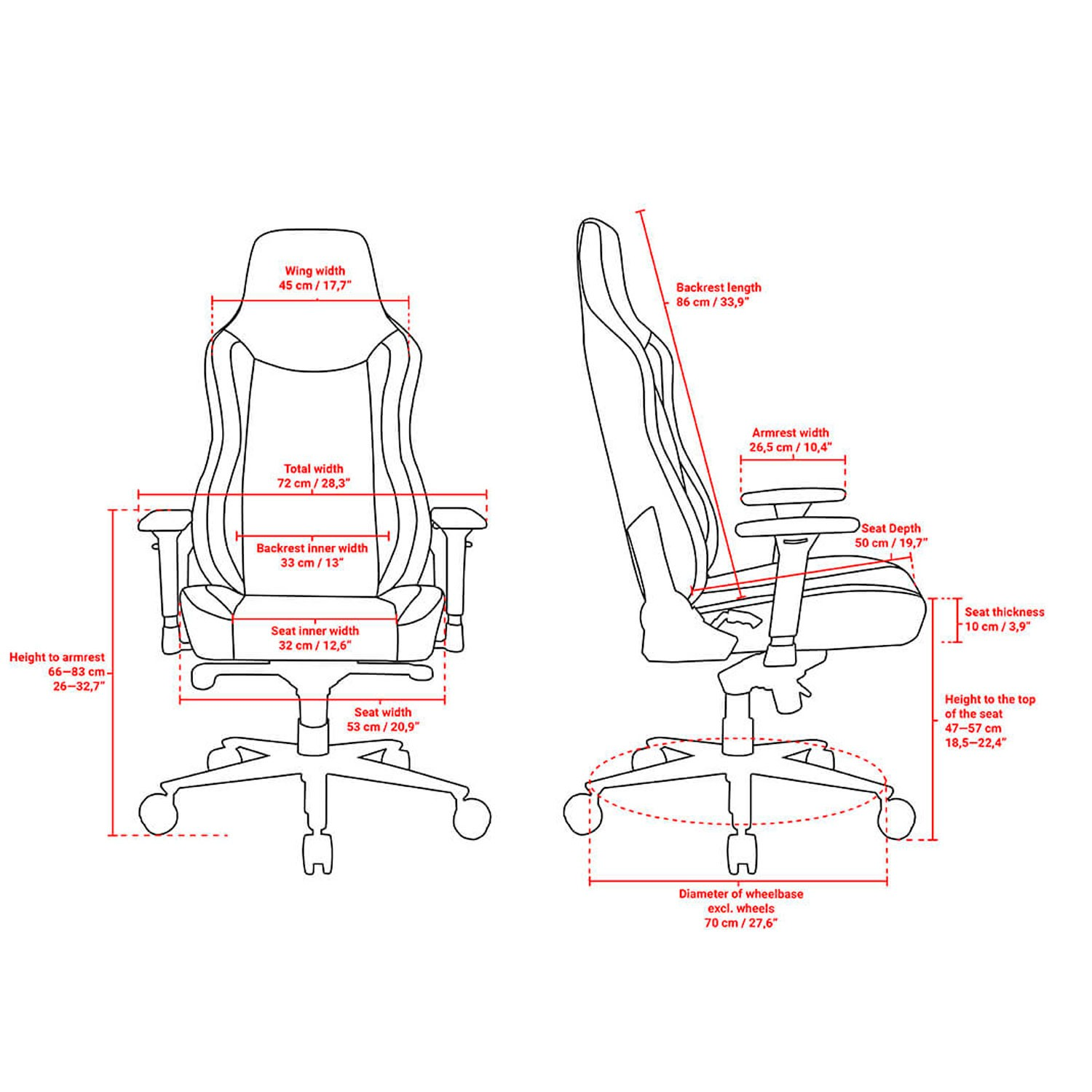 Disegno tecnico di una sedia da ufficio con dimensioni per larghezza, profondità, altezza e braccioli.