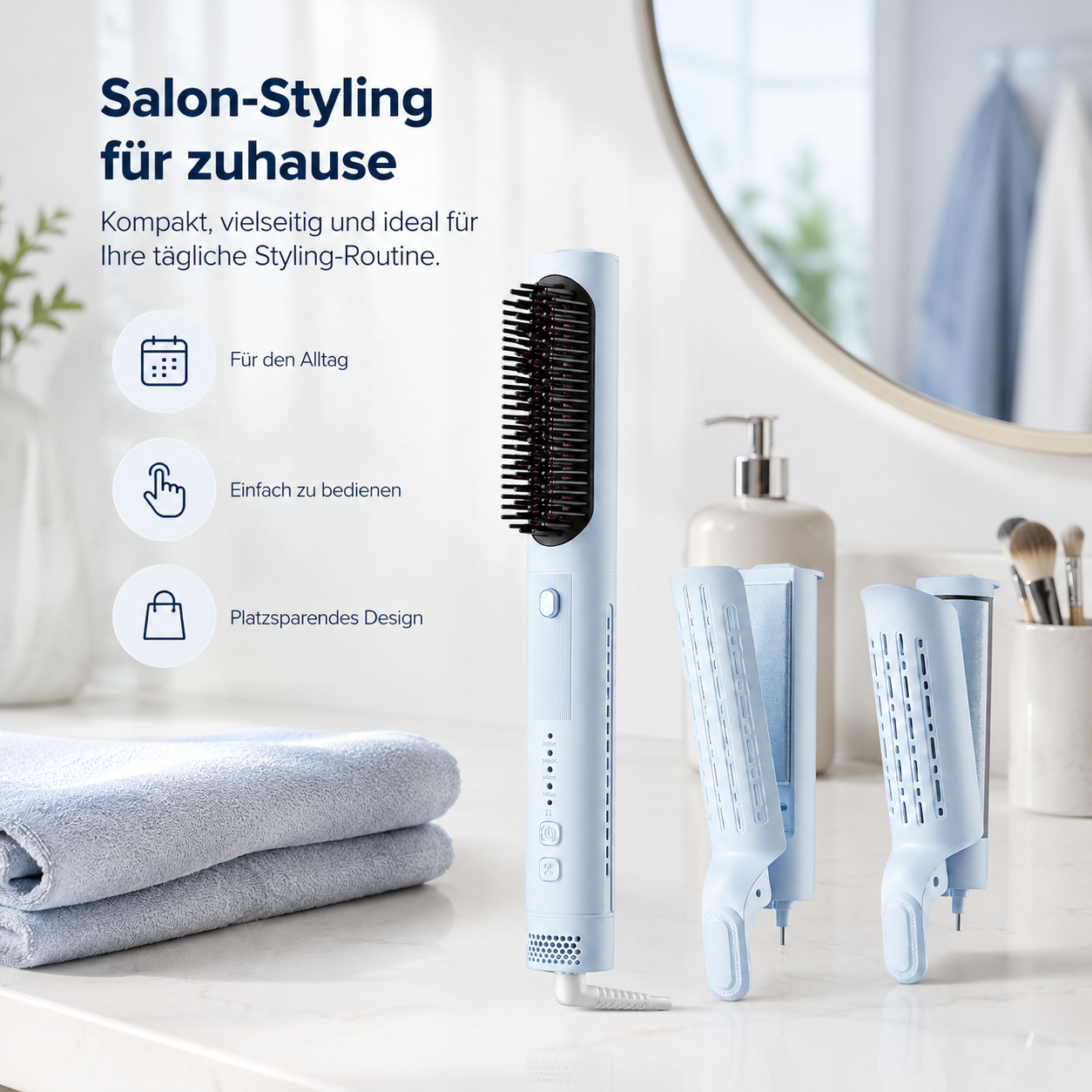 Hellblaues Haarstyling-Gerät mit Zubehör auf einem Marmortisch.