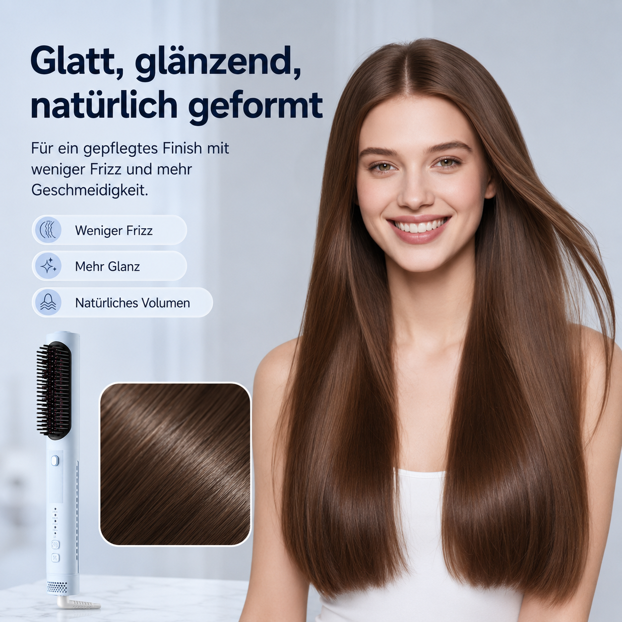 Frau mit glattem, glänzendem Haar, daneben ein Glätteisen und ein Haar-Detail.
