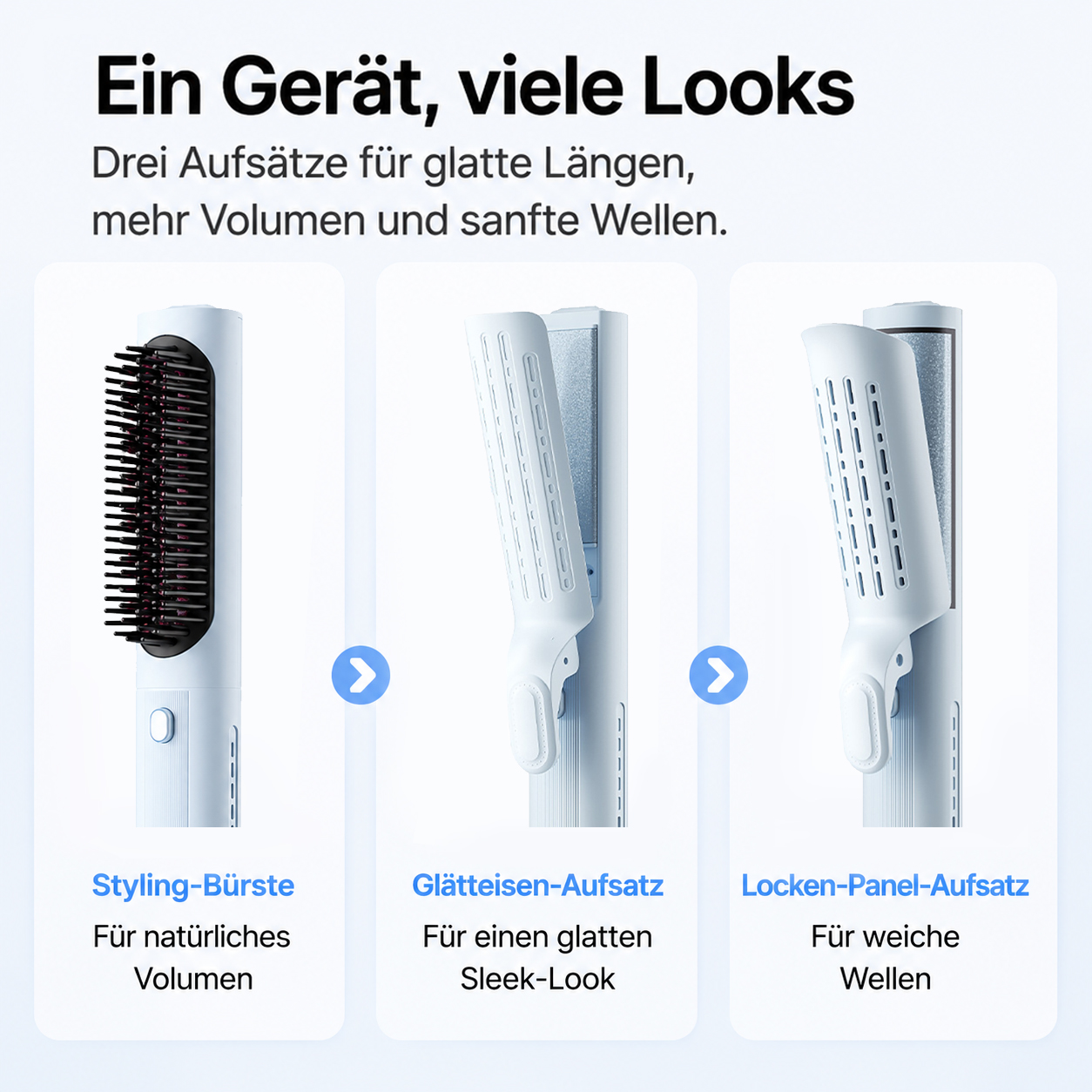 Drei weiße Haarstyling-Aufsätze: Bürste, Glätteisen und Lockenaufsatz.