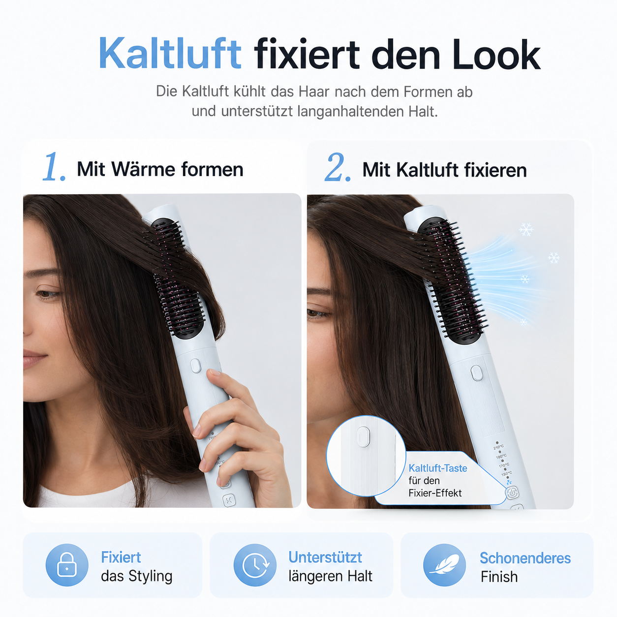 Frau stylt Haare mit einem Gerät, das Wärme und Kaltluft verwendet.
