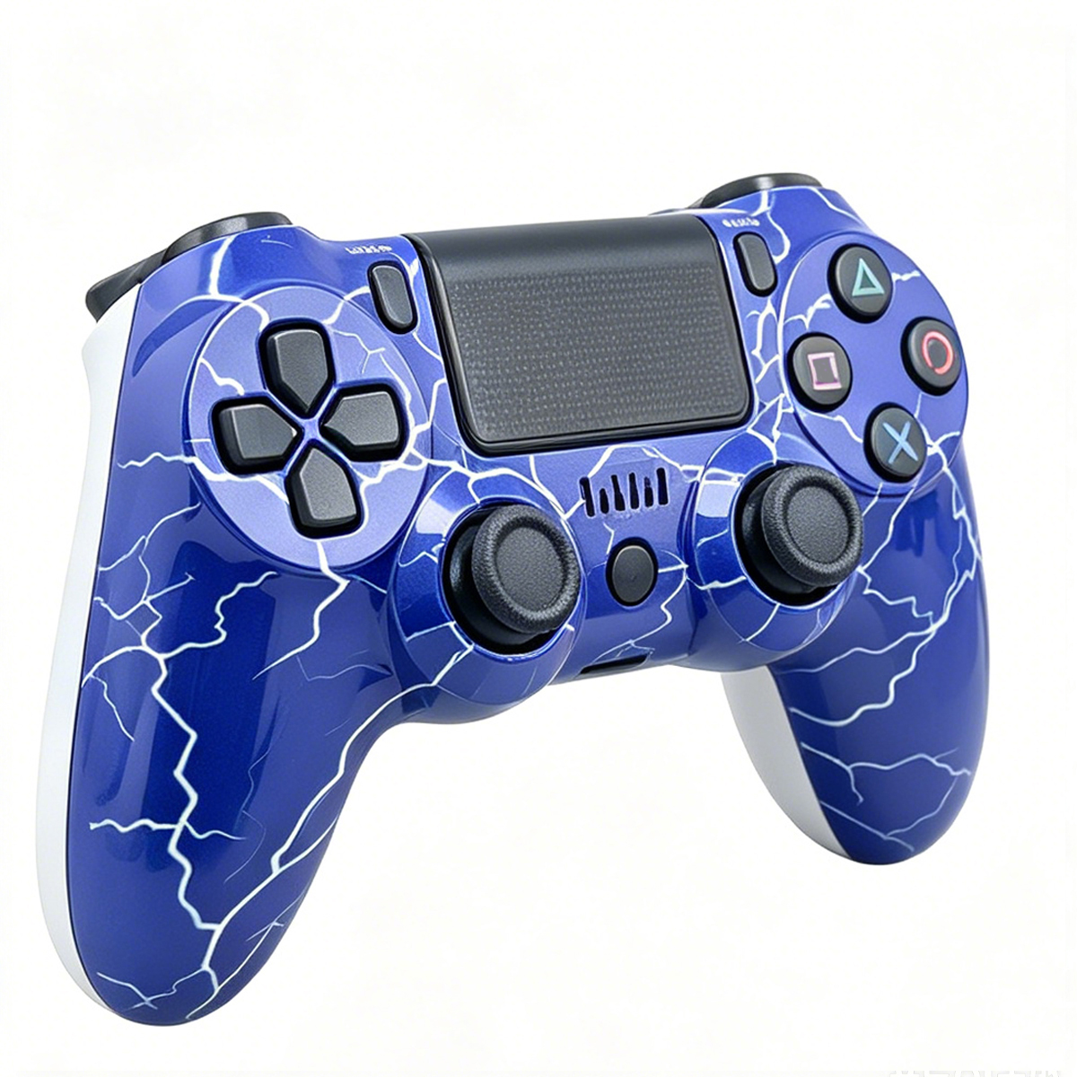 Ein blauer Gamecontroller mit weißem Blitzmuster, isoliert auf weißem Hintergrund.