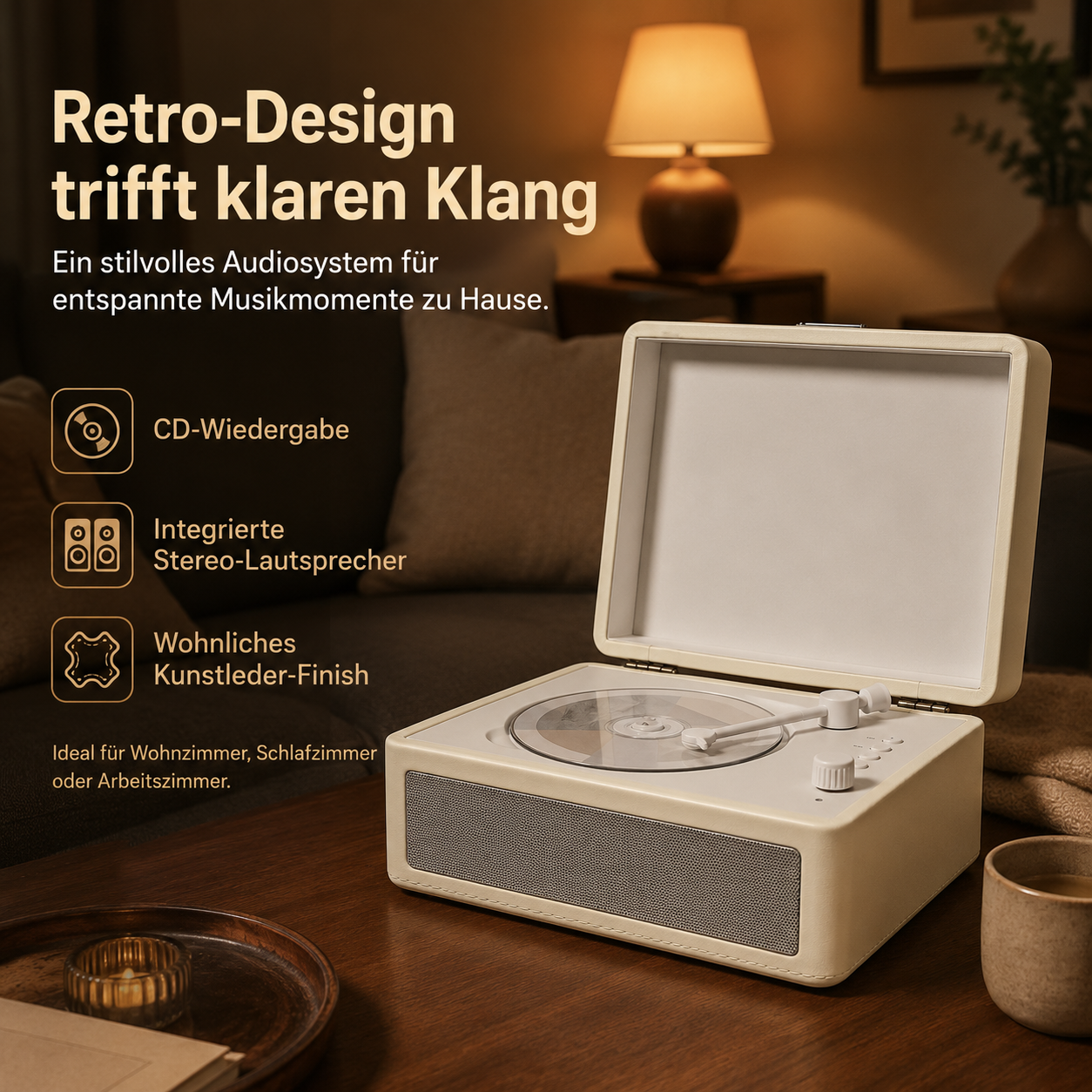 Ein beigefarbener Plattenspieler mit CD-Fach und Lautsprechern steht auf einem Holztisch.