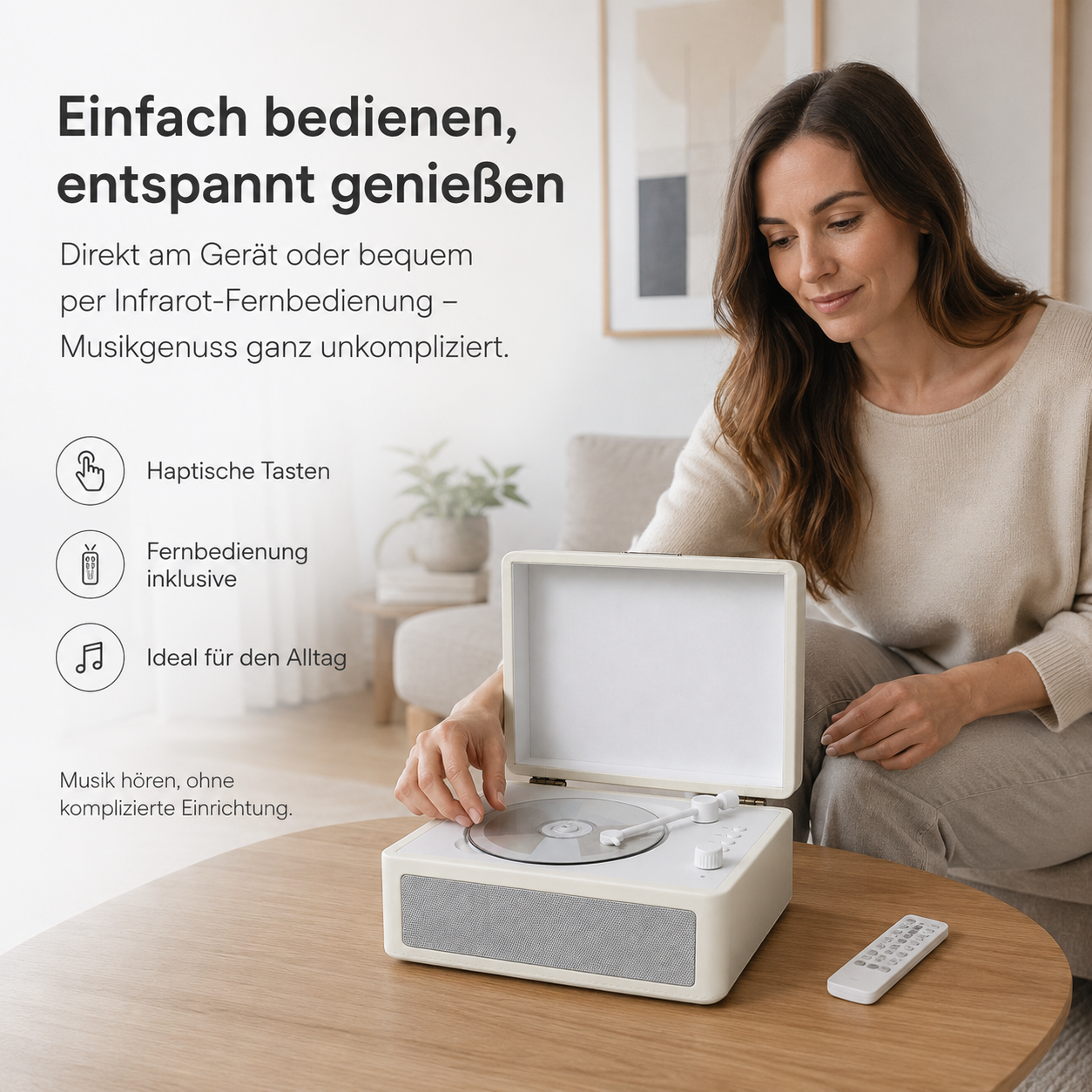 Frau benutzt einen cremefarbenen Plattenspieler mit Fernbedienung. Text betont einfache Bedienung.