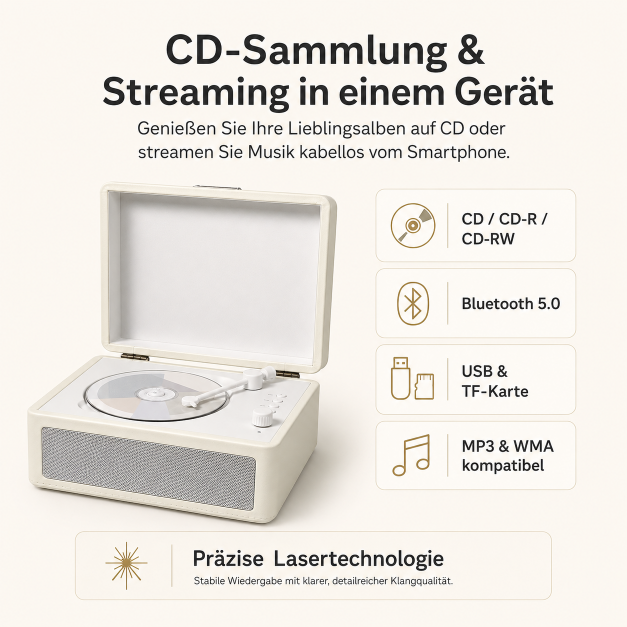Ein weißes Plattenspieler-Gerät mit CD-Player, Lautsprechern und Bedienknöpfen.