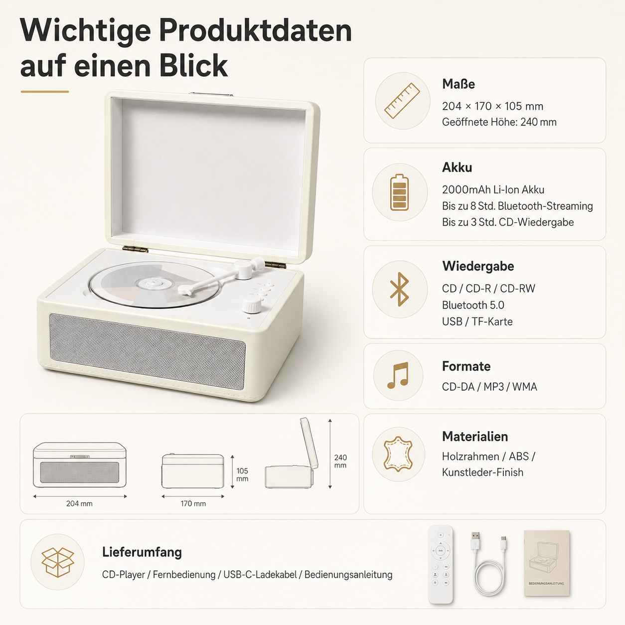 Ein cremefarbener Plattenspieler mit CD-Fach, Lautsprechern und Bedienelementen.